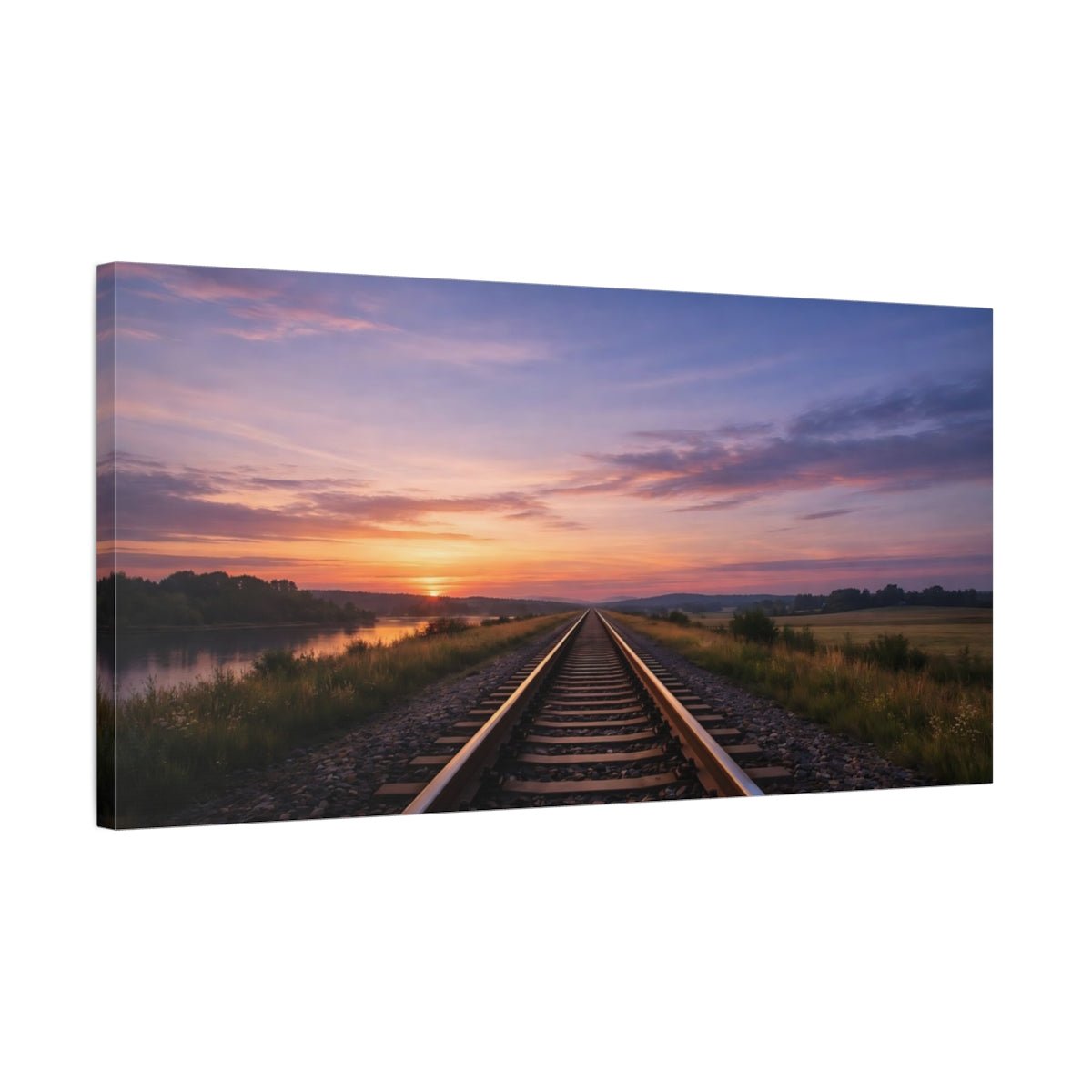 Nature Railroad Tracks Colorful Sunset - Canvas Wall Art Print - YesArtYes