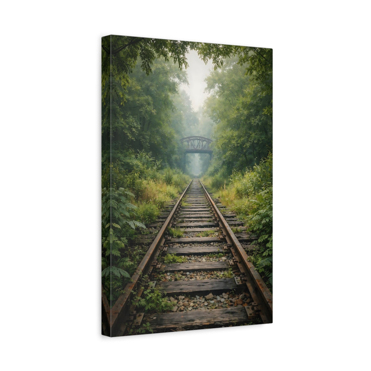 Side Mockup 4. Nature Railroad Tracks Misty Forest Tracks shown as stretched canvas wall art