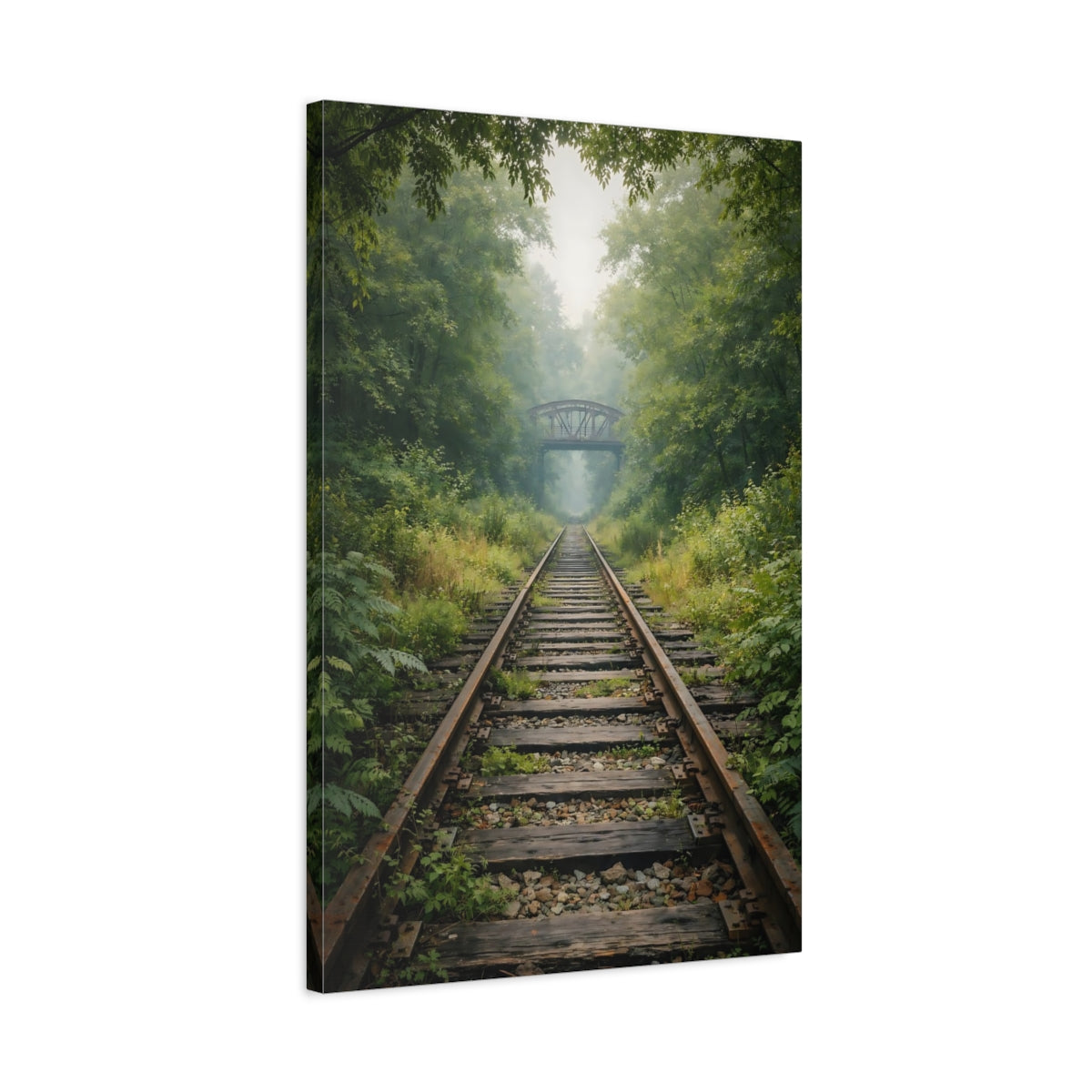 Side Mockup 2. Nature Railroad Tracks Misty Forest Tracks shown as stretched canvas wall art