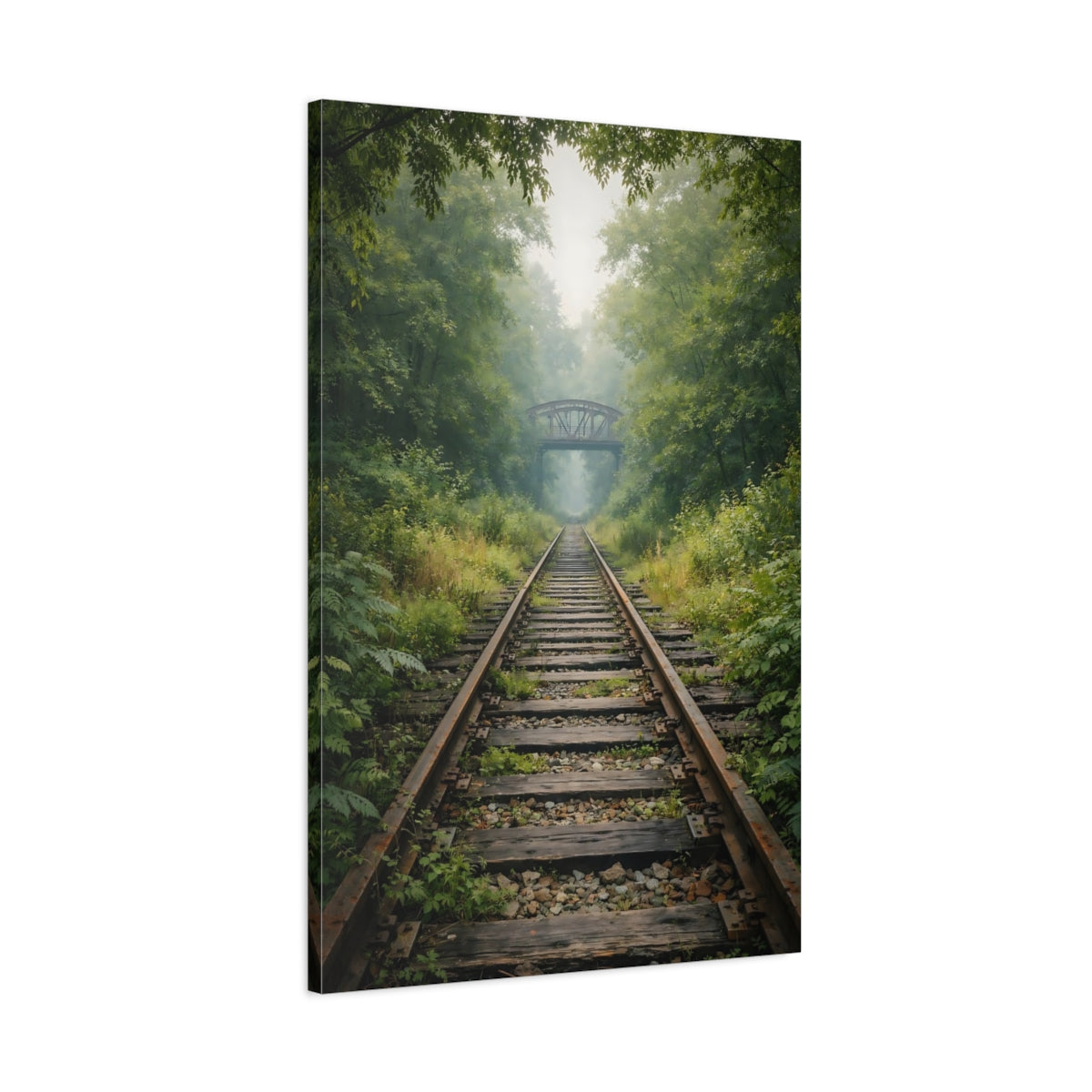 Side Mockup 1. Nature Railroad Tracks Misty Forest Tracks shown as stretched canvas wall art