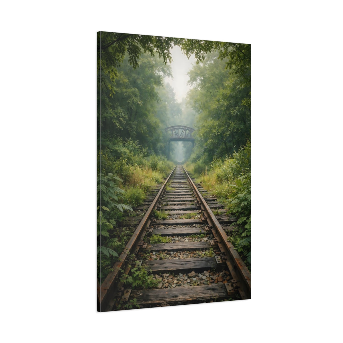 Main Mockup. Nature Railroad Tracks Misty Forest Tracks shown as stretched canvas wall art