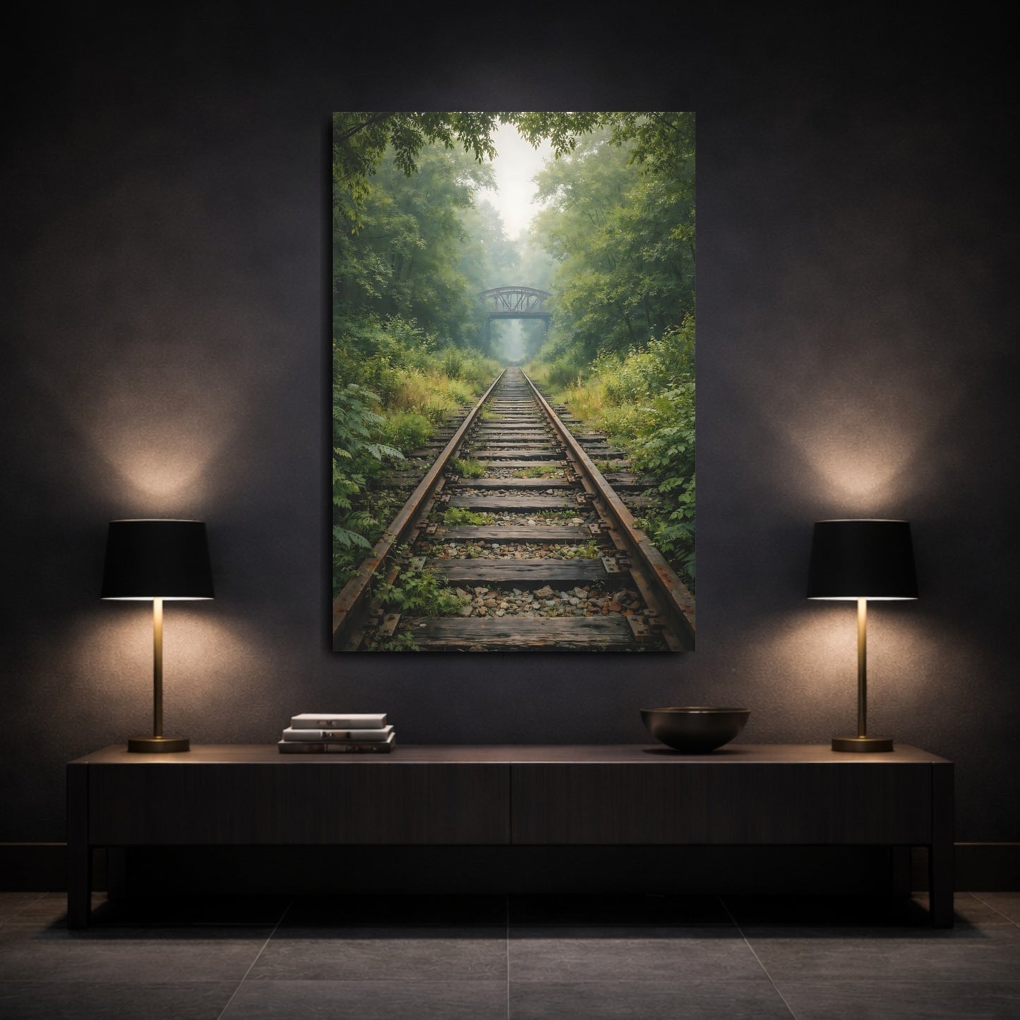 Mockup 2. Nature Railroad Tracks Misty Forest Tracks shown as stretched canvas wall art