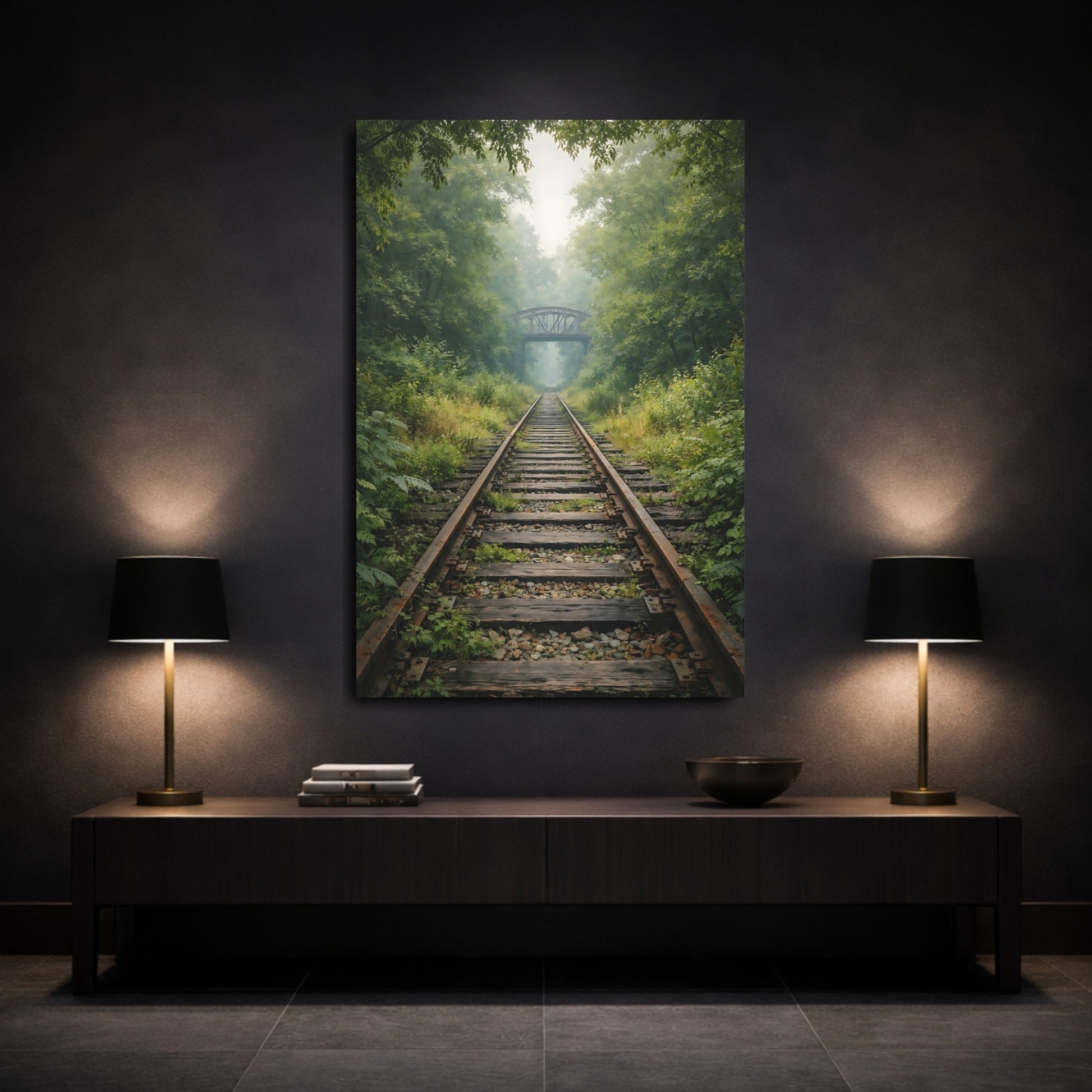 Mockup 2. Nature Railroad Tracks Misty Forest Tracks shown as stretched canvas wall art