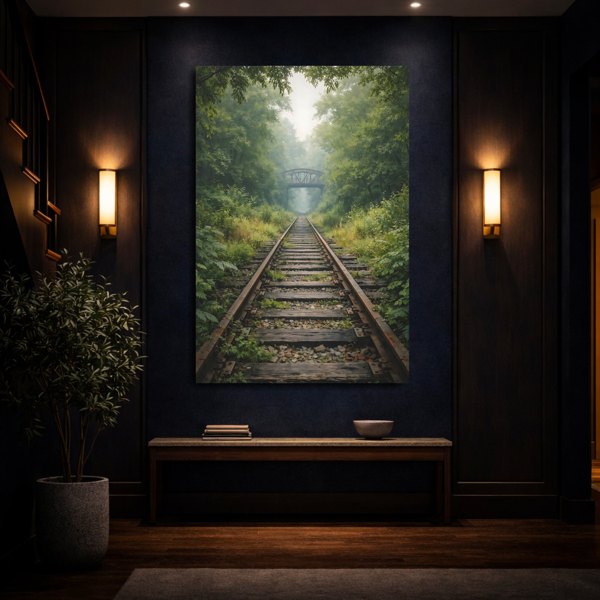 Mockup 3. Nature Railroad Tracks Misty Forest Tracks shown as stretched canvas wall art
