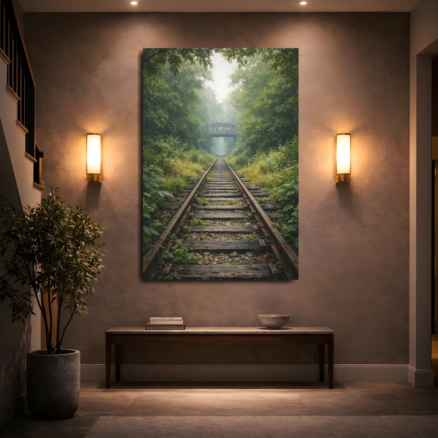 Mockup 4. Nature Railroad Tracks Misty Forest Tracks shown as stretched canvas wall art