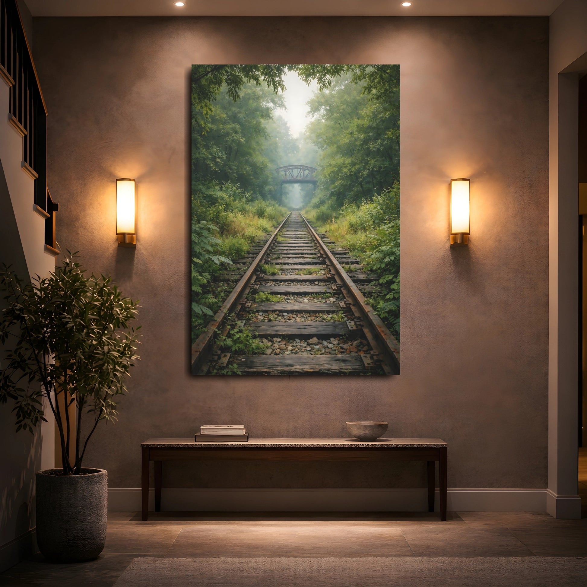 Mockup 4. Nature Railroad Tracks Misty Forest Tracks shown as stretched canvas wall art