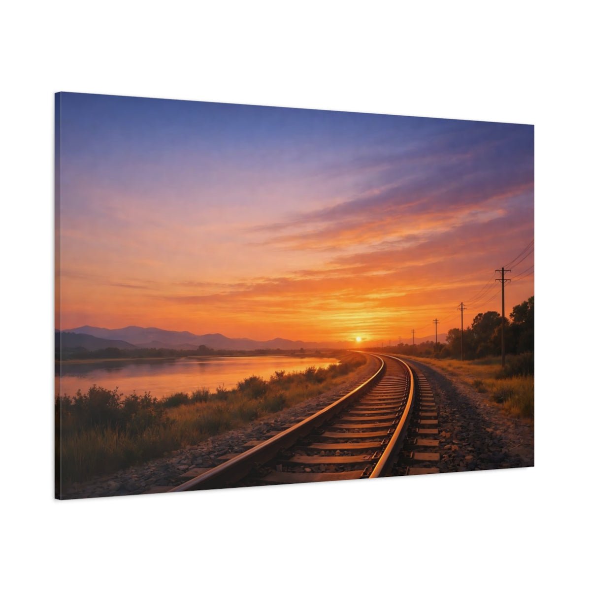Nature Railway Sunset Orange And Blue - Canvas Wall Art Print - YesArtYes