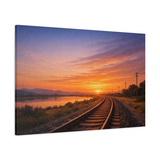 Nature Railway Sunset Orange And Blue - Canvas Wall Art Print - YesArtYes