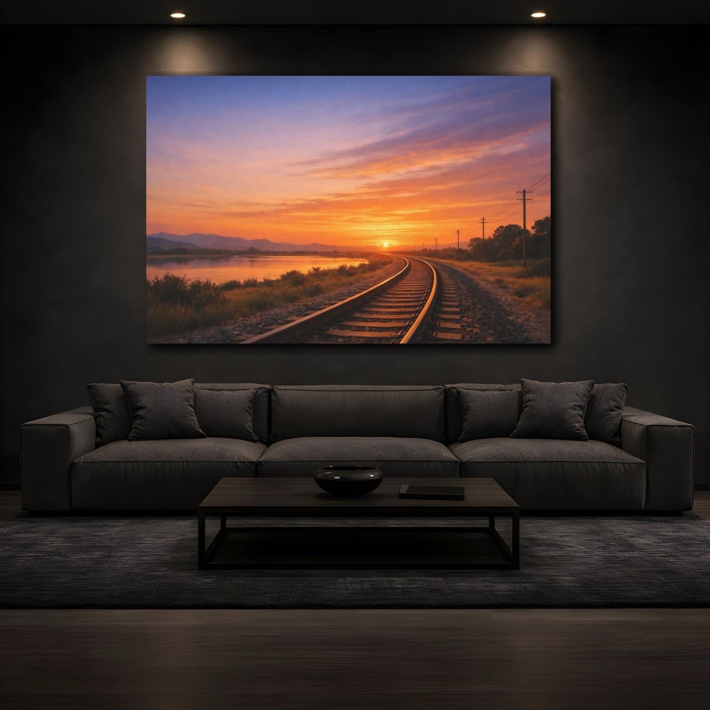 Nature Railway Sunset Orange And Blue - Canvas Wall Art Print - YesArtYes