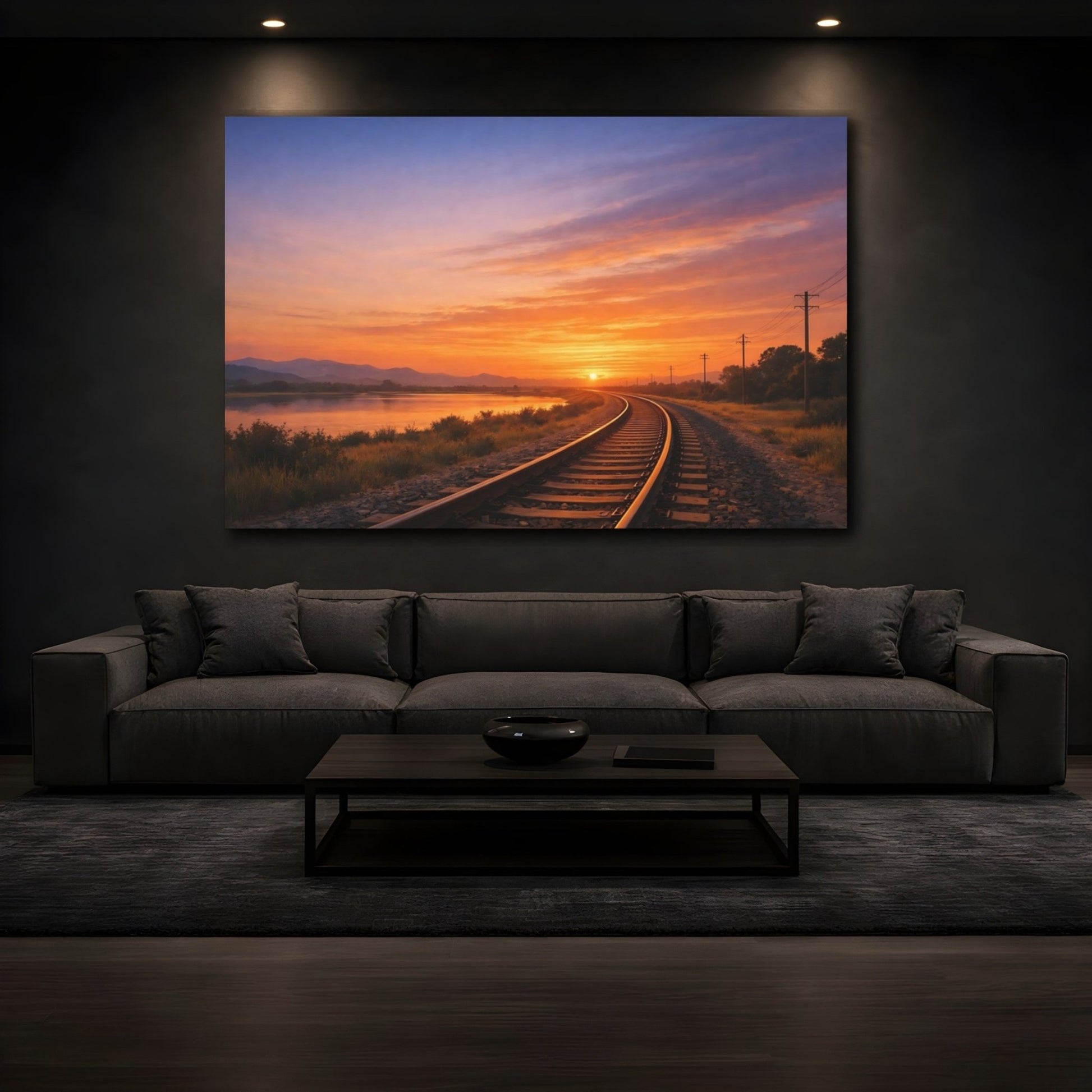 Nature Railway Sunset Orange And Blue - Canvas Wall Art Print - YesArtYes