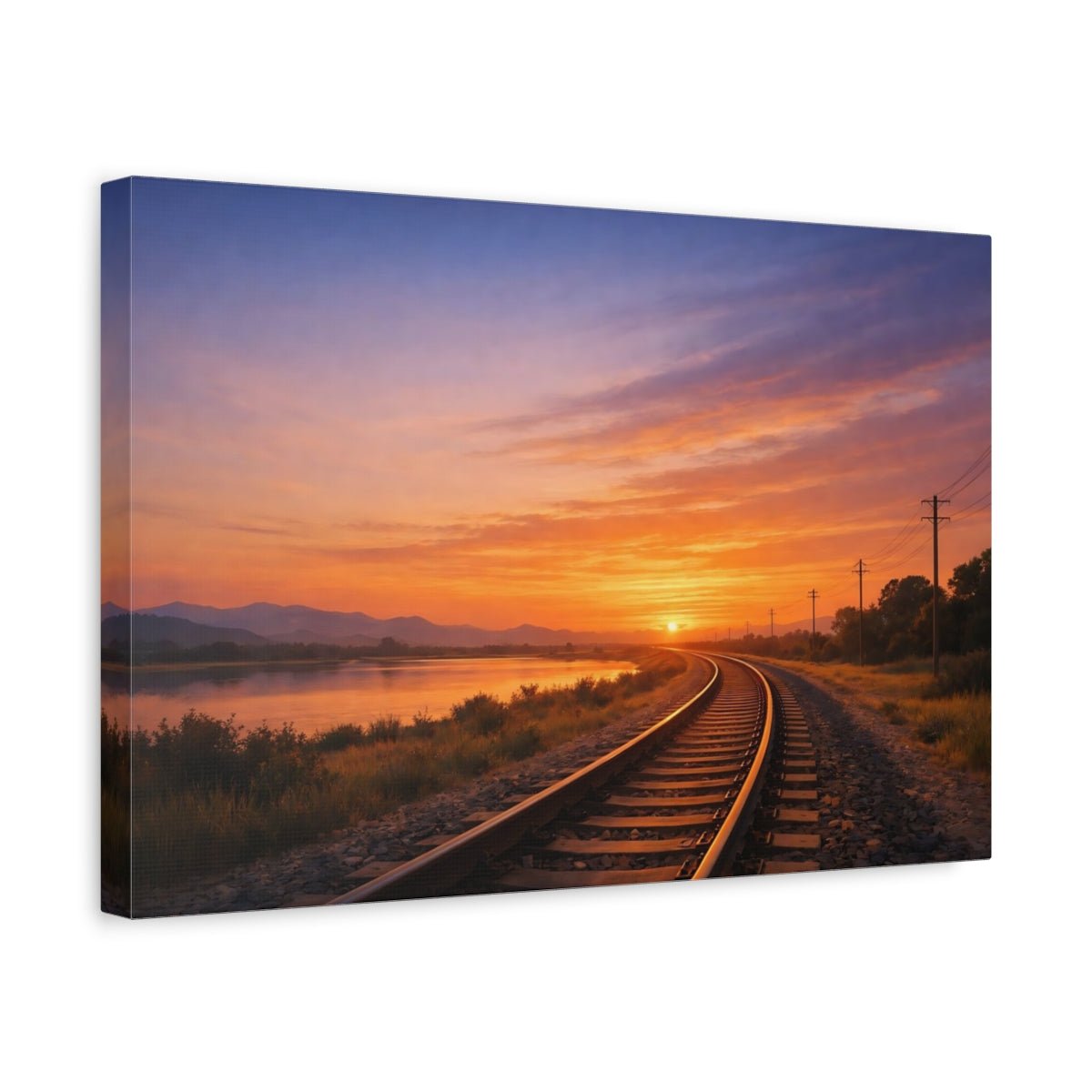 Nature Railway Sunset Orange And Blue - Canvas Wall Art Print - YesArtYes