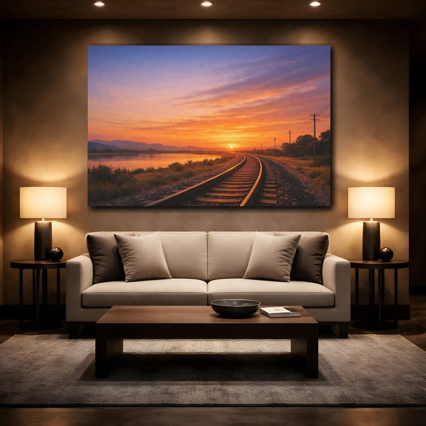 Nature Railway Sunset Orange And Blue - Canvas Wall Art Print - YesArtYes