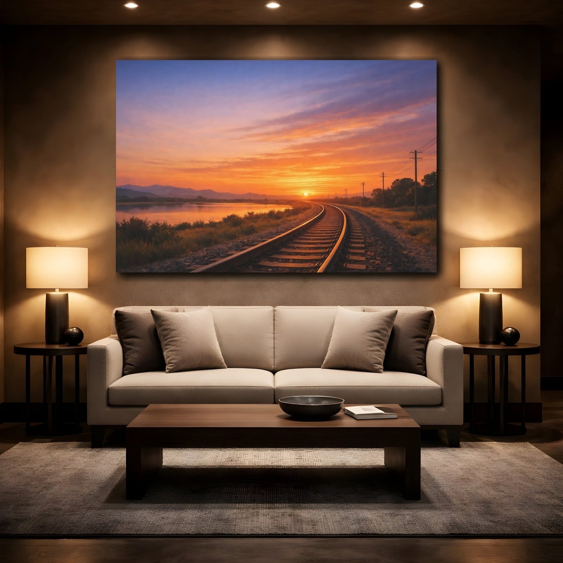 Nature Railway Sunset Orange And Blue - Canvas Wall Art Print - YesArtYes