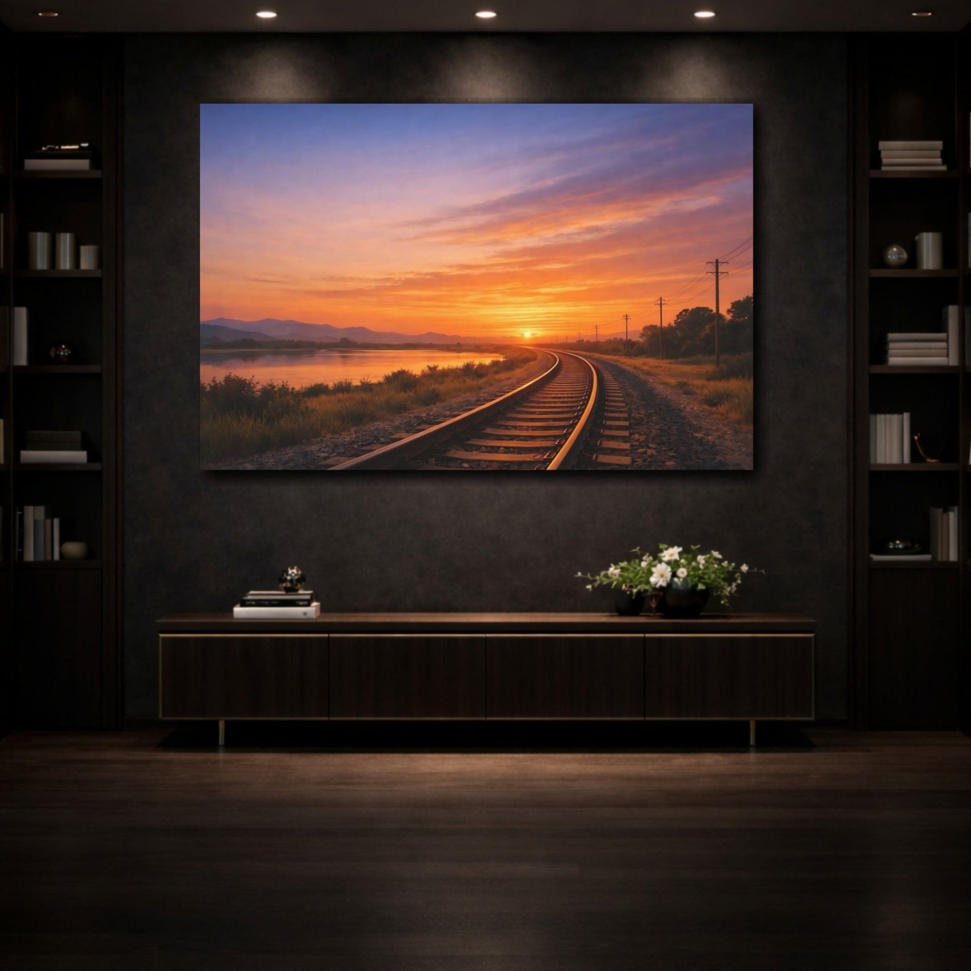 Nature Railway Sunset Orange And Blue - Canvas Wall Art Print - YesArtYes