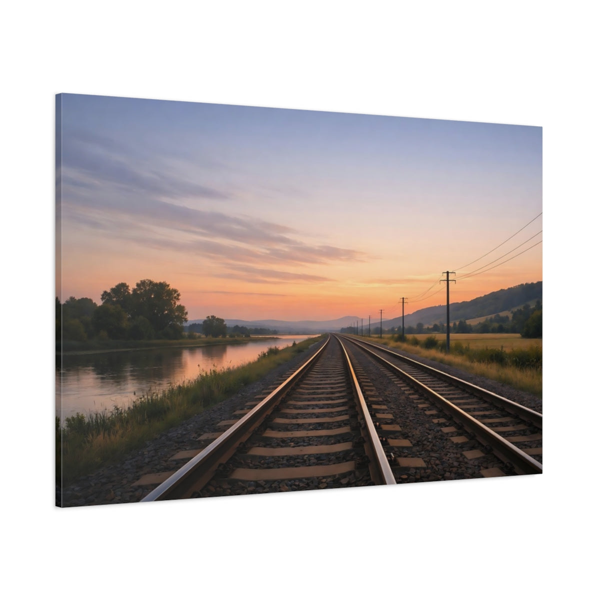 Side Mockup 1. Nature Railway Tracks Sunset Railway shown as stretched canvas wall art