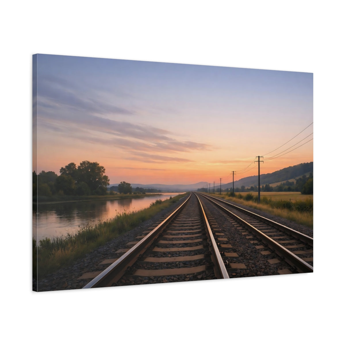 Main Mockup. Nature Railway Tracks Sunset Railway shown as stretched canvas wall art