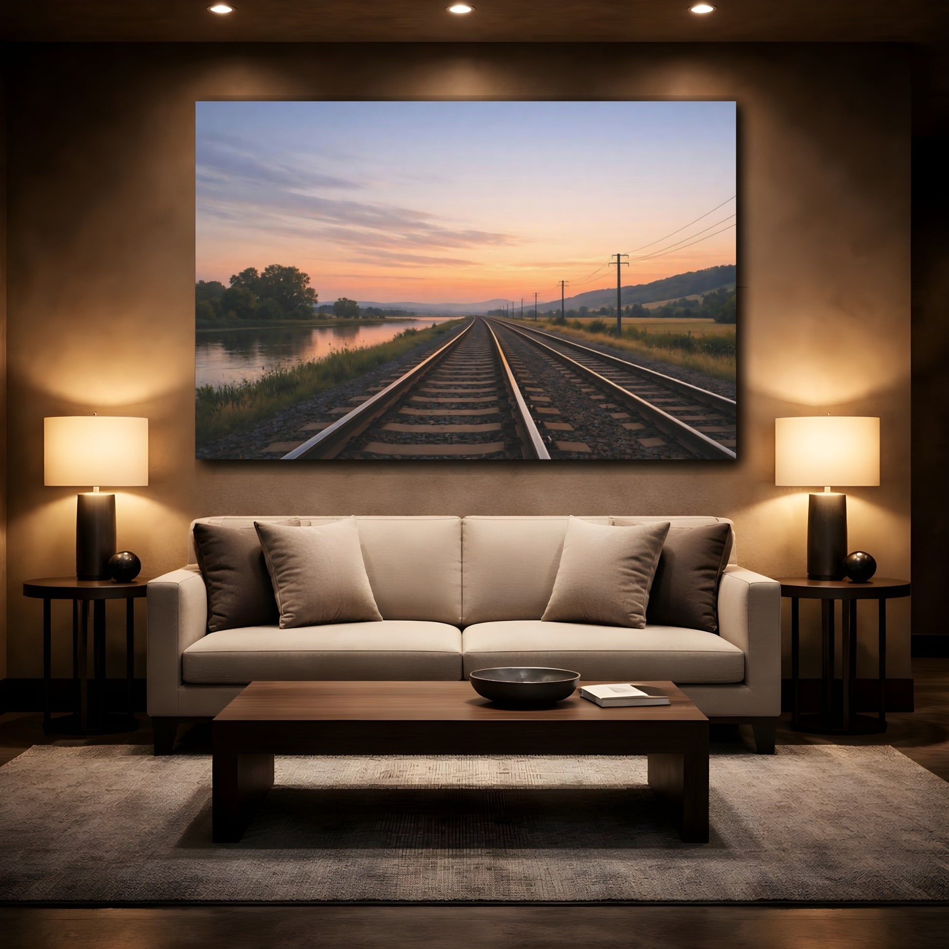 Mockup 2. Nature Railway Tracks Sunset Railway shown as stretched canvas wall art