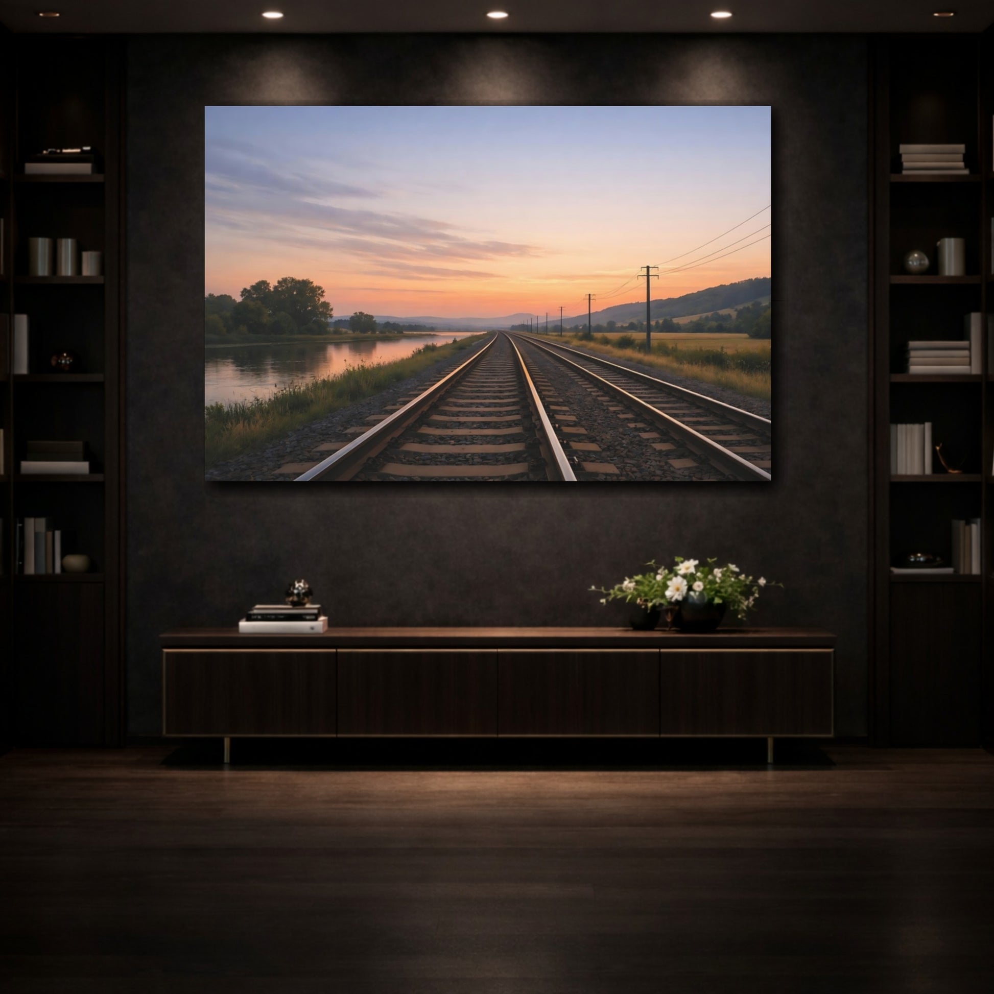 Mockup 3. Nature Railway Tracks Sunset Railway shown as stretched canvas wall art