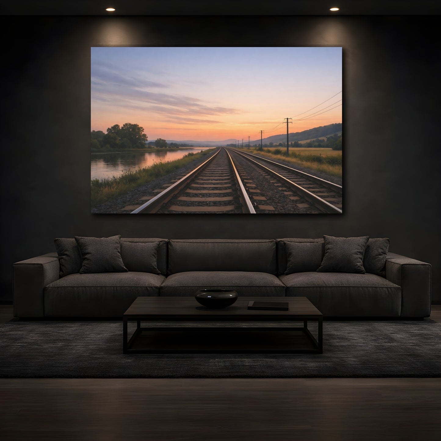 Mockup 4. Nature Railway Tracks Sunset Railway shown as stretched canvas wall art