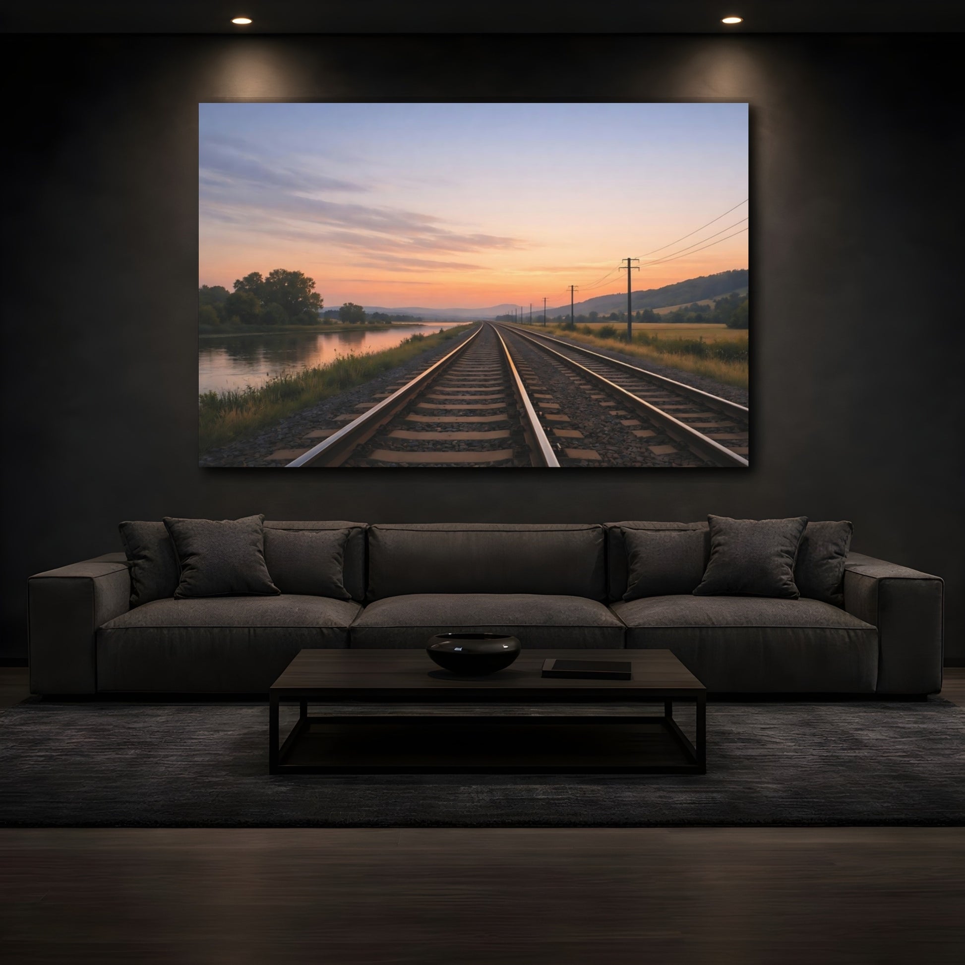 Mockup 4. Nature Railway Tracks Sunset Railway shown as stretched canvas wall art