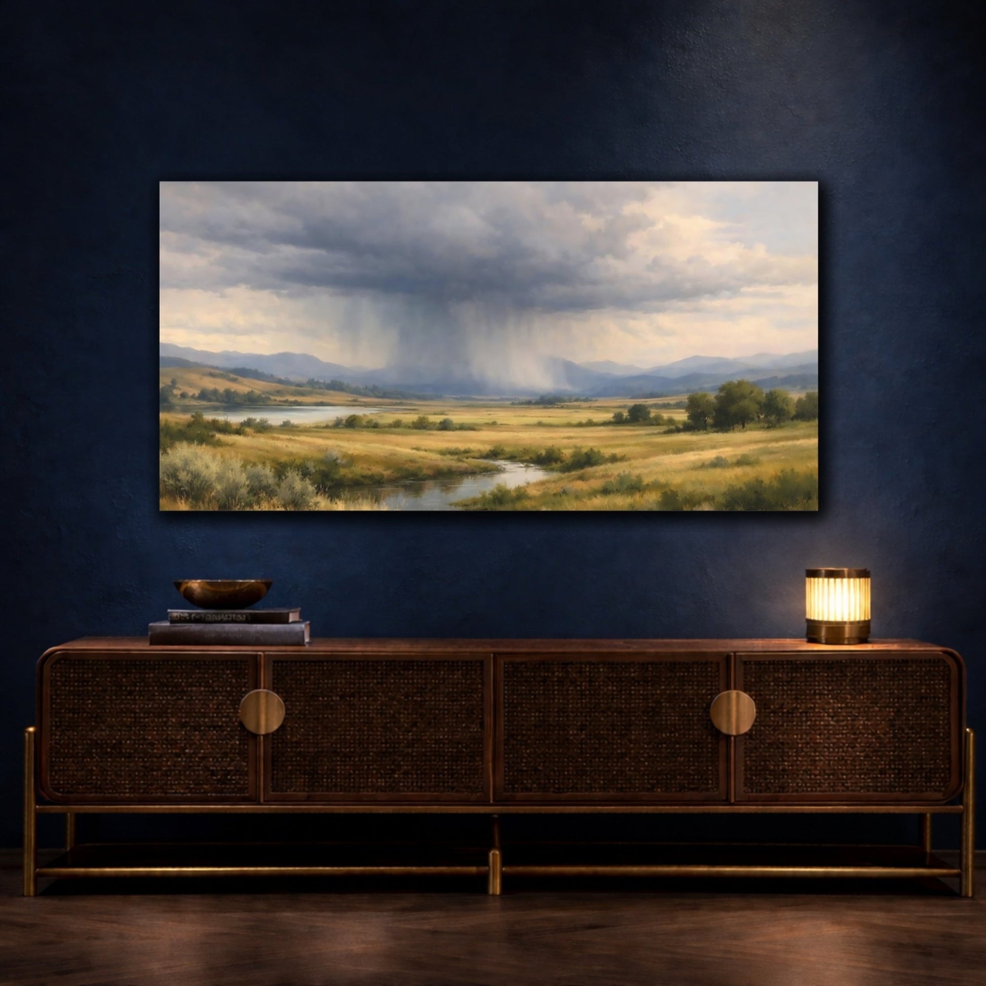 Nature Rain Storm Blue And Gold - Canvas Wall Art Print - YesArtYes