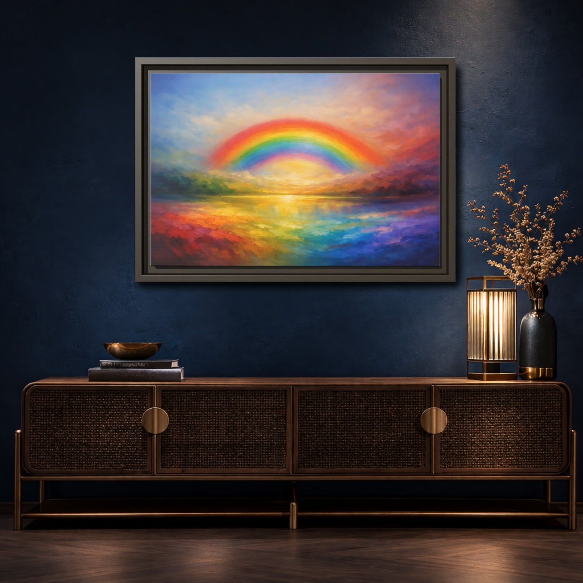 Mockup 4. Nature Rainbow Colorful Rainbow shown as stretched canvas wall art