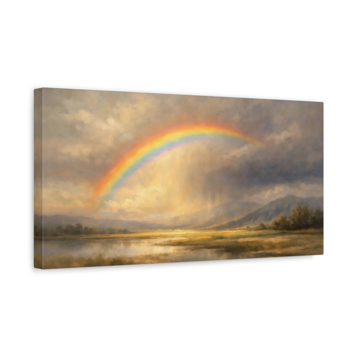 Side Mockup 3. Nature Rainbow Rainbow Landscape shown as stretched canvas wall art