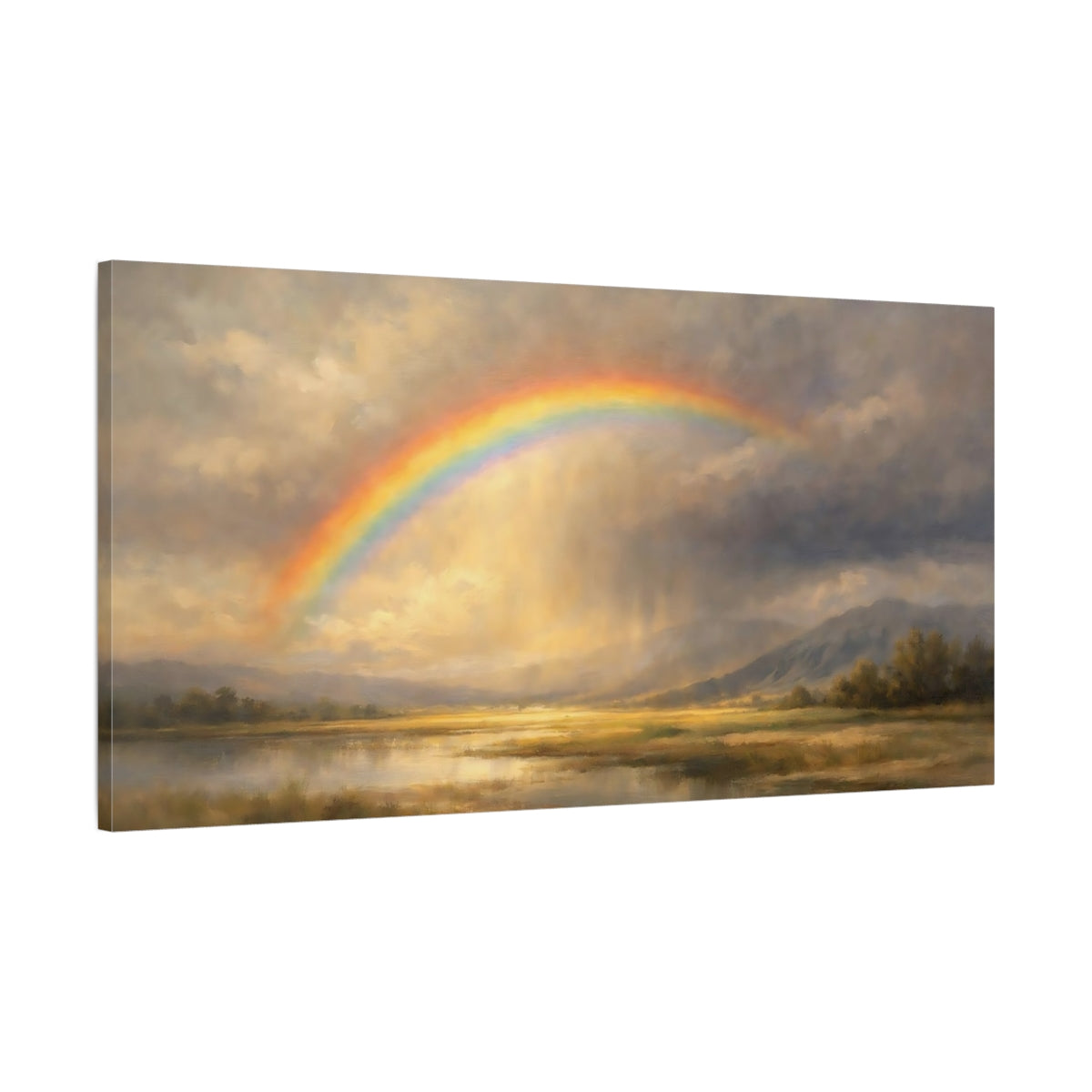 Side Mockup 1. Nature Rainbow Rainbow Landscape shown as stretched canvas wall art