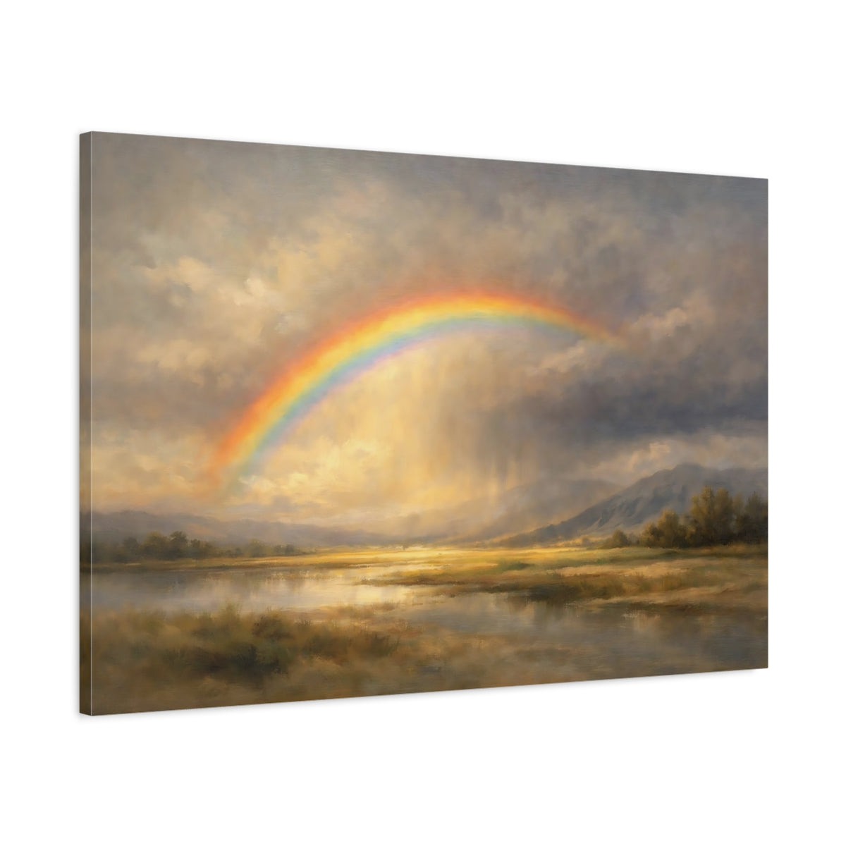Side Mockup 1. Nature Rainbow Landscape Golden Landscape Rainbow shown as stretched canvas wall art