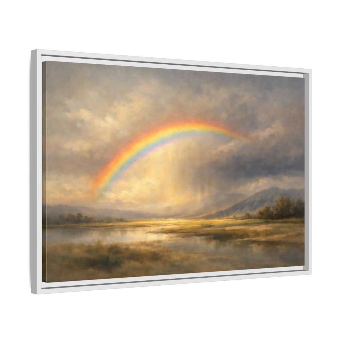Side Mockup 10. Nature Rainbow Landscape Golden Rainbow shown as stretched canvas wall art