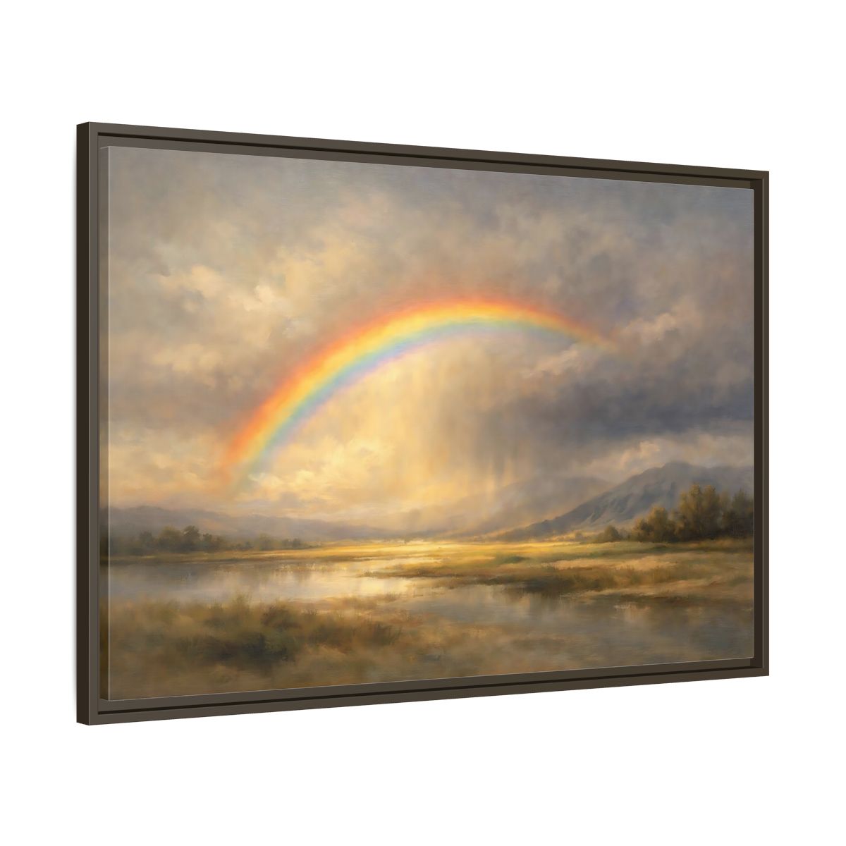 Side Mockup 9. Nature Rainbow Landscape Golden Rainbow shown as stretched canvas wall art