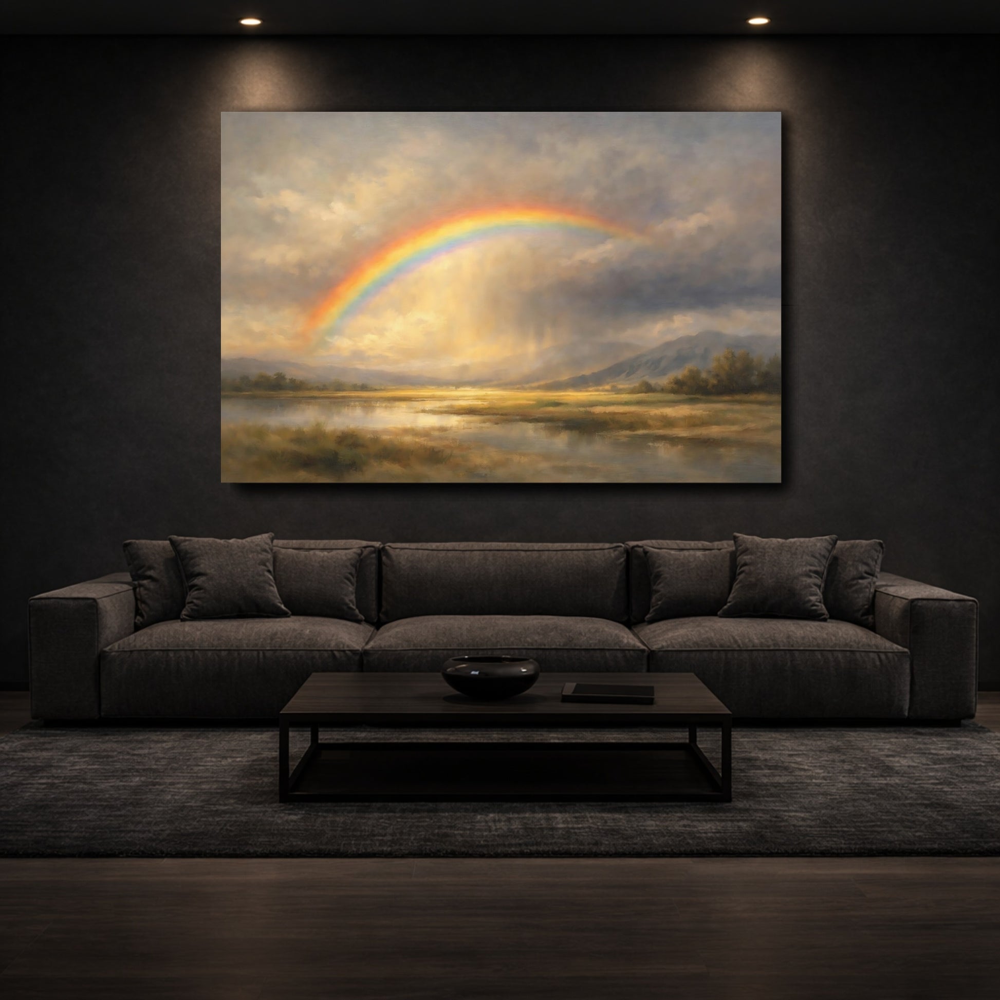 Mockup 2. Nature Rainbow Landscape Golden Landscape Rainbow shown as stretched canvas wall art