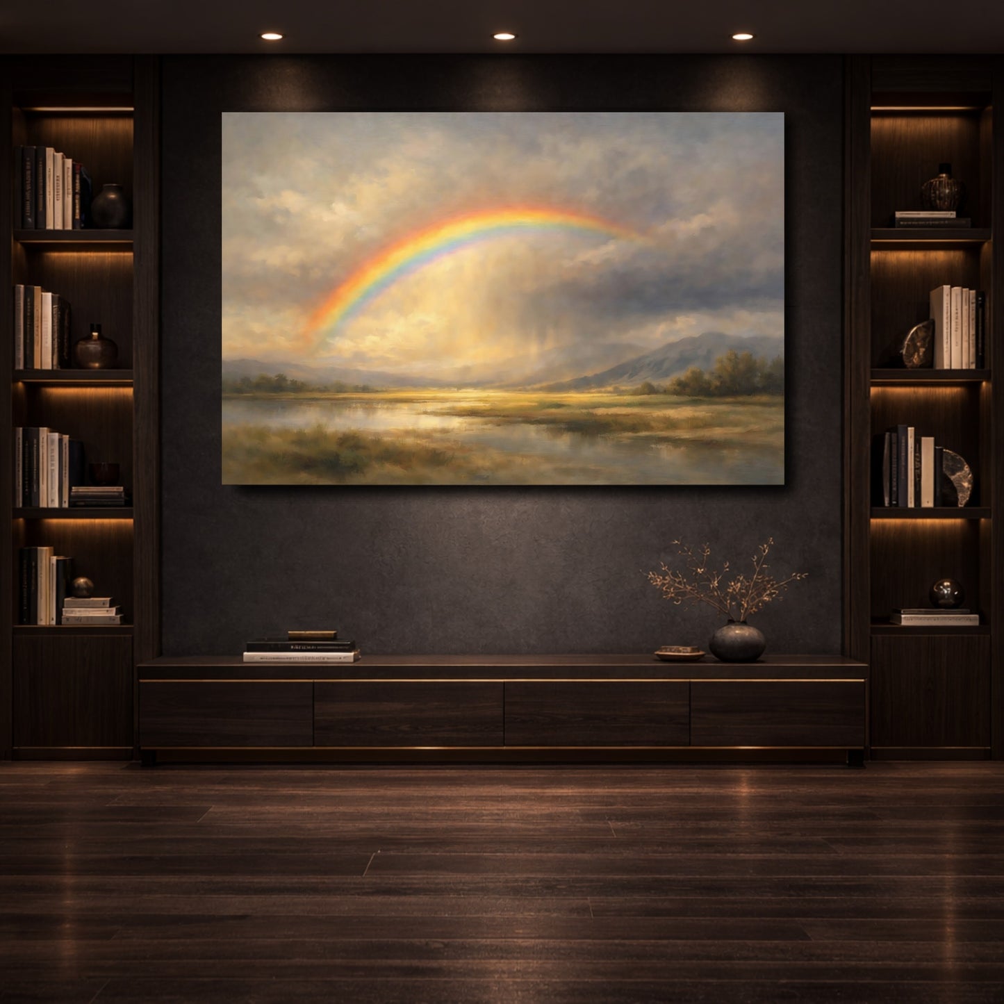 Mockup 3. Nature Rainbow Landscape Golden Landscape Rainbow shown as stretched canvas wall art