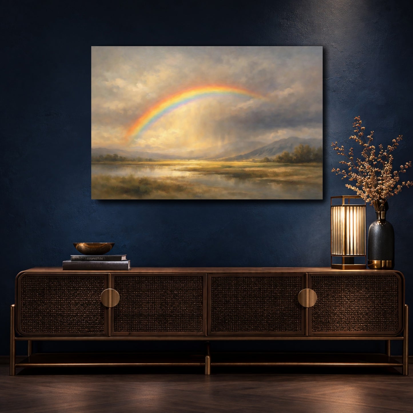 Mockup 4. Nature Rainbow Landscape Golden Landscape Rainbow shown as stretched canvas wall art