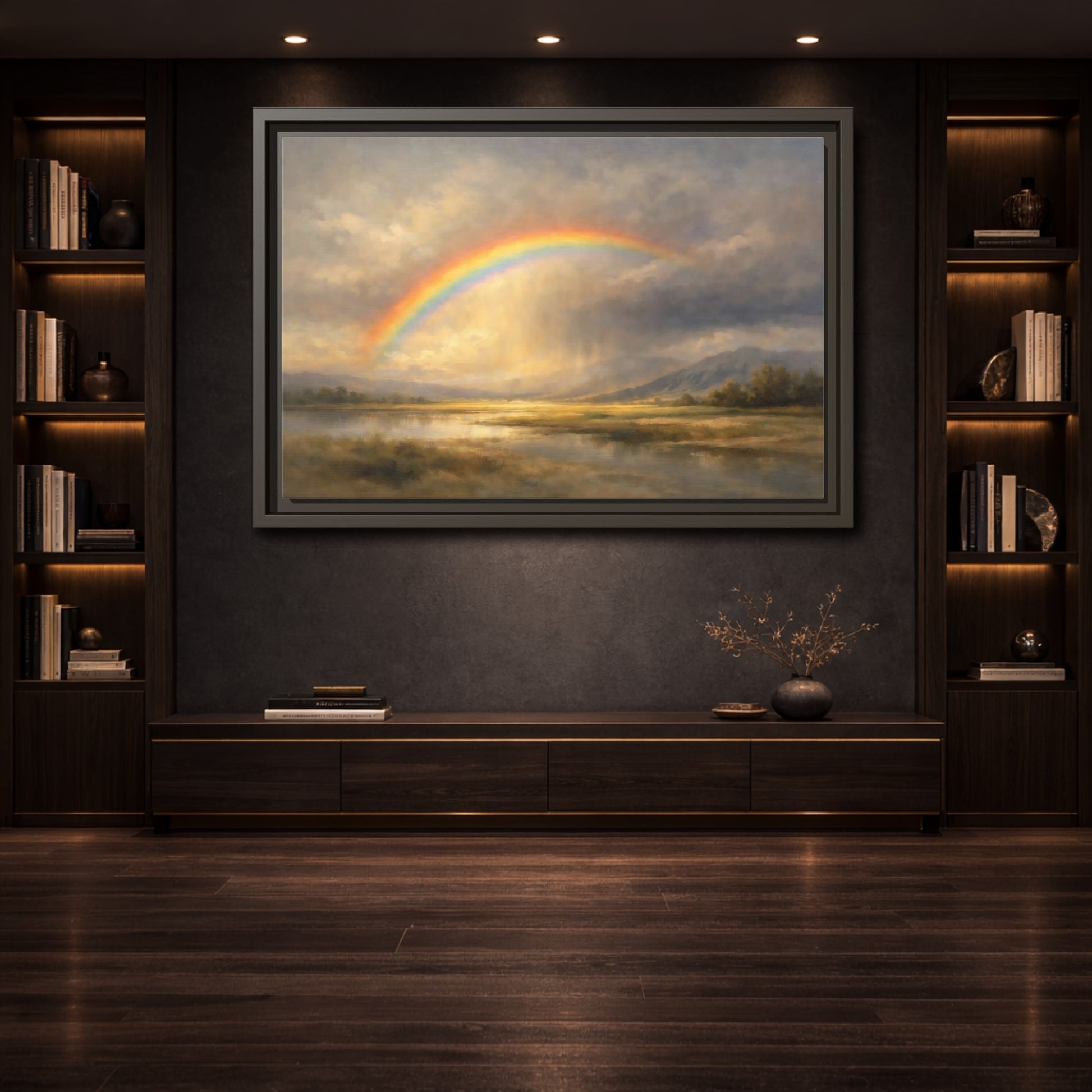 Mockup 3. Nature Rainbow Landscape Golden Rainbow shown as stretched canvas wall art