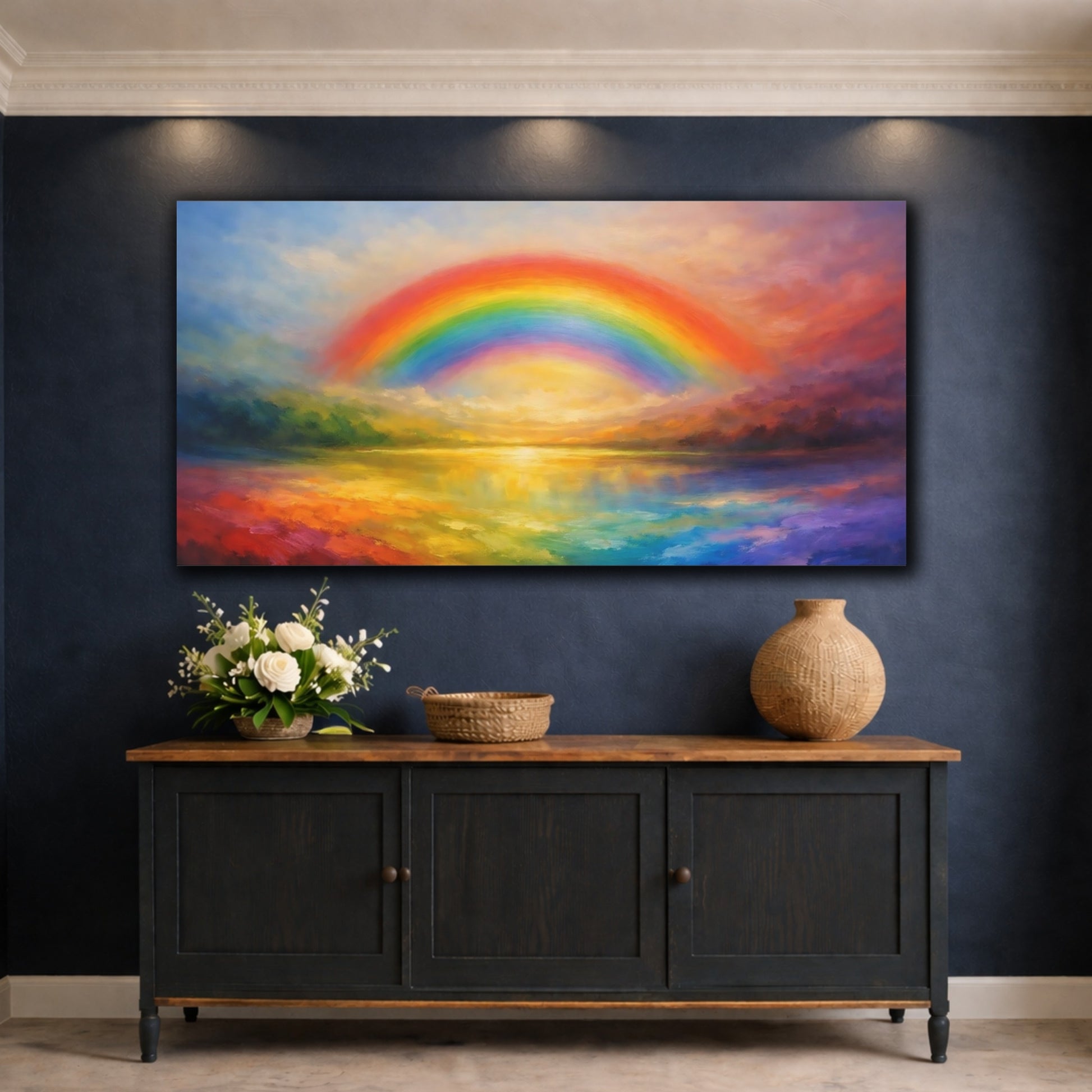 Mockup 4. Nature Rainbow Rainbow Landscape Art shown as stretched canvas wall art