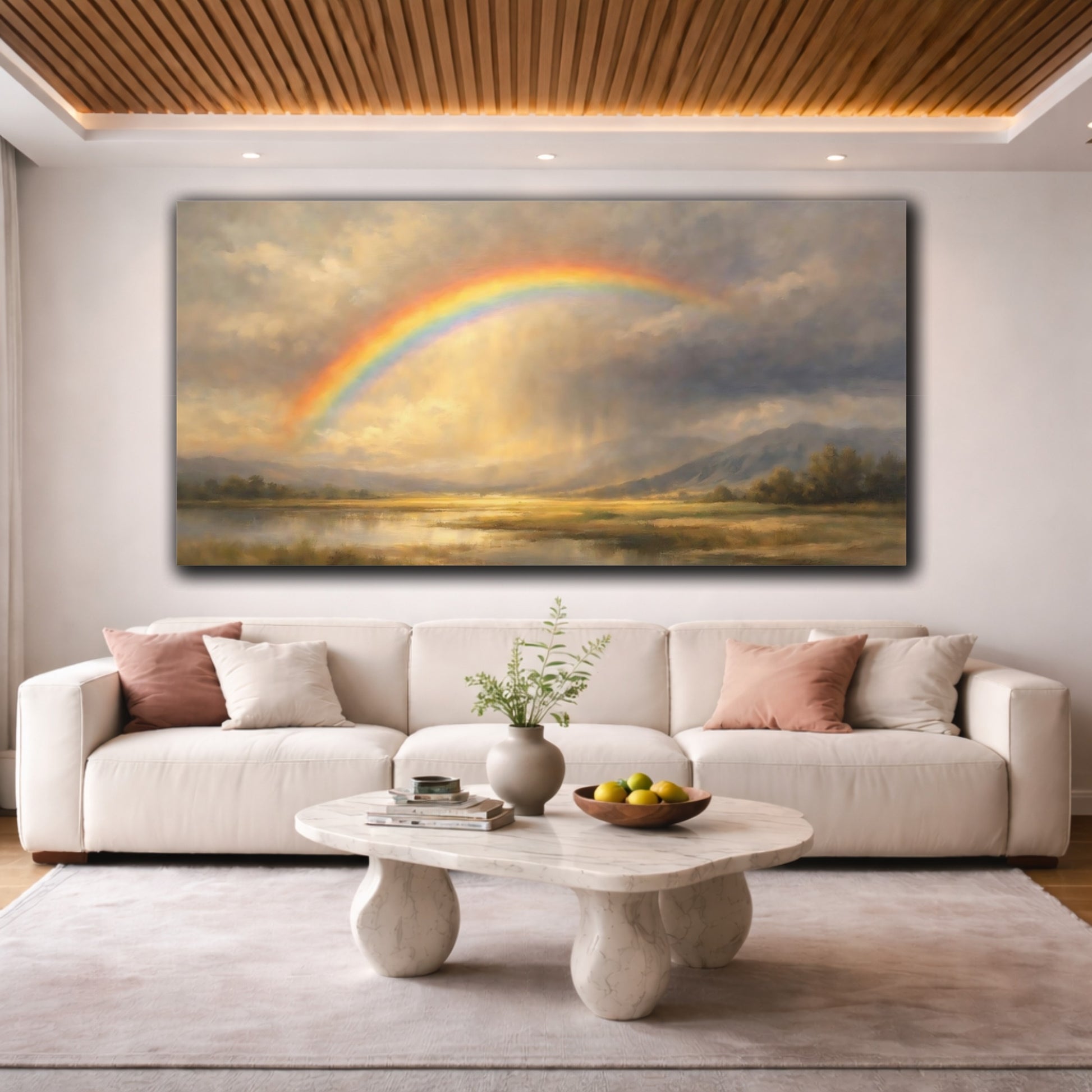 Mockup 3. Nature Rainbow Rainbow Landscape shown as stretched canvas wall art