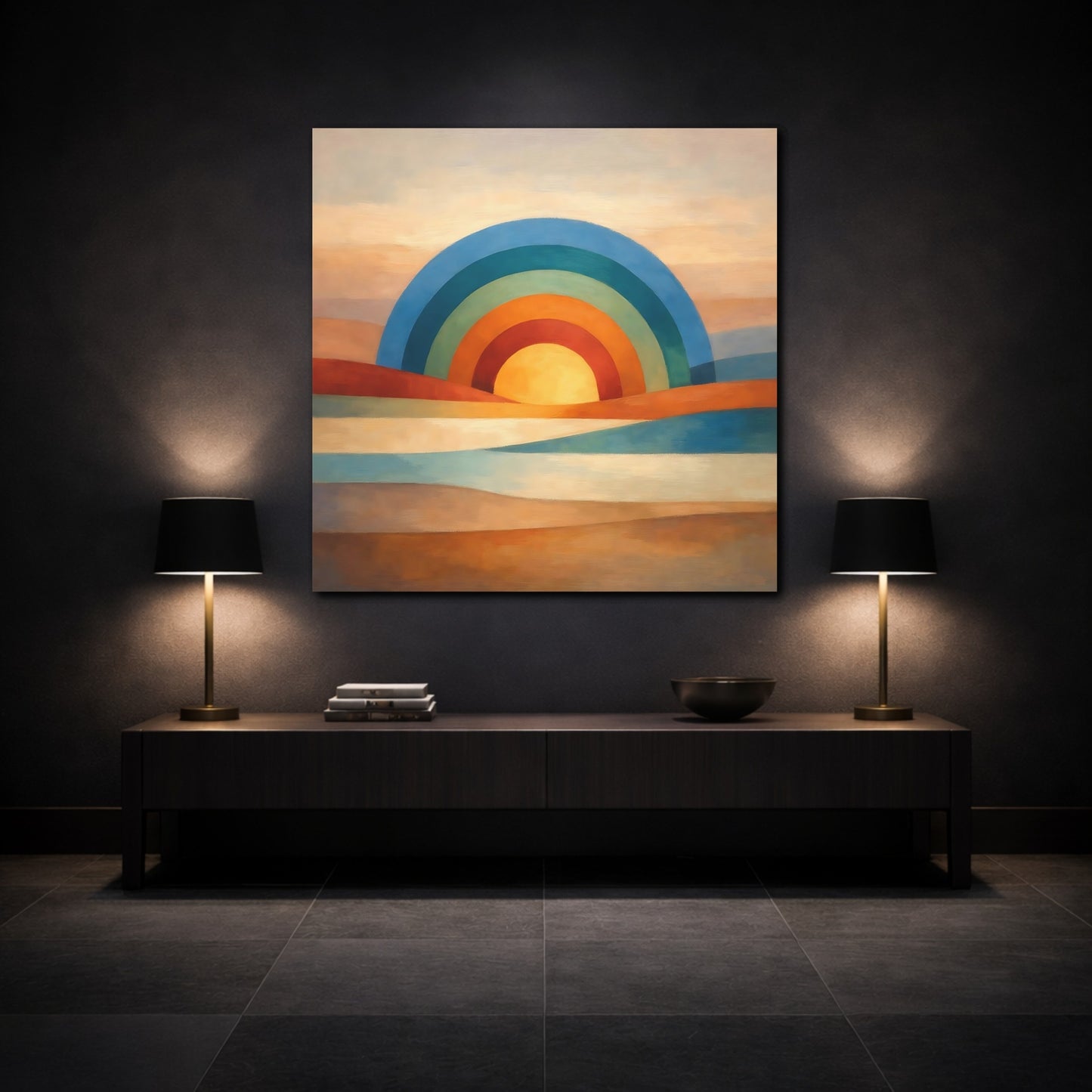 Mockup 3. Nature Rainbow Sun Abstract Rainbow shown as stretched canvas wall art