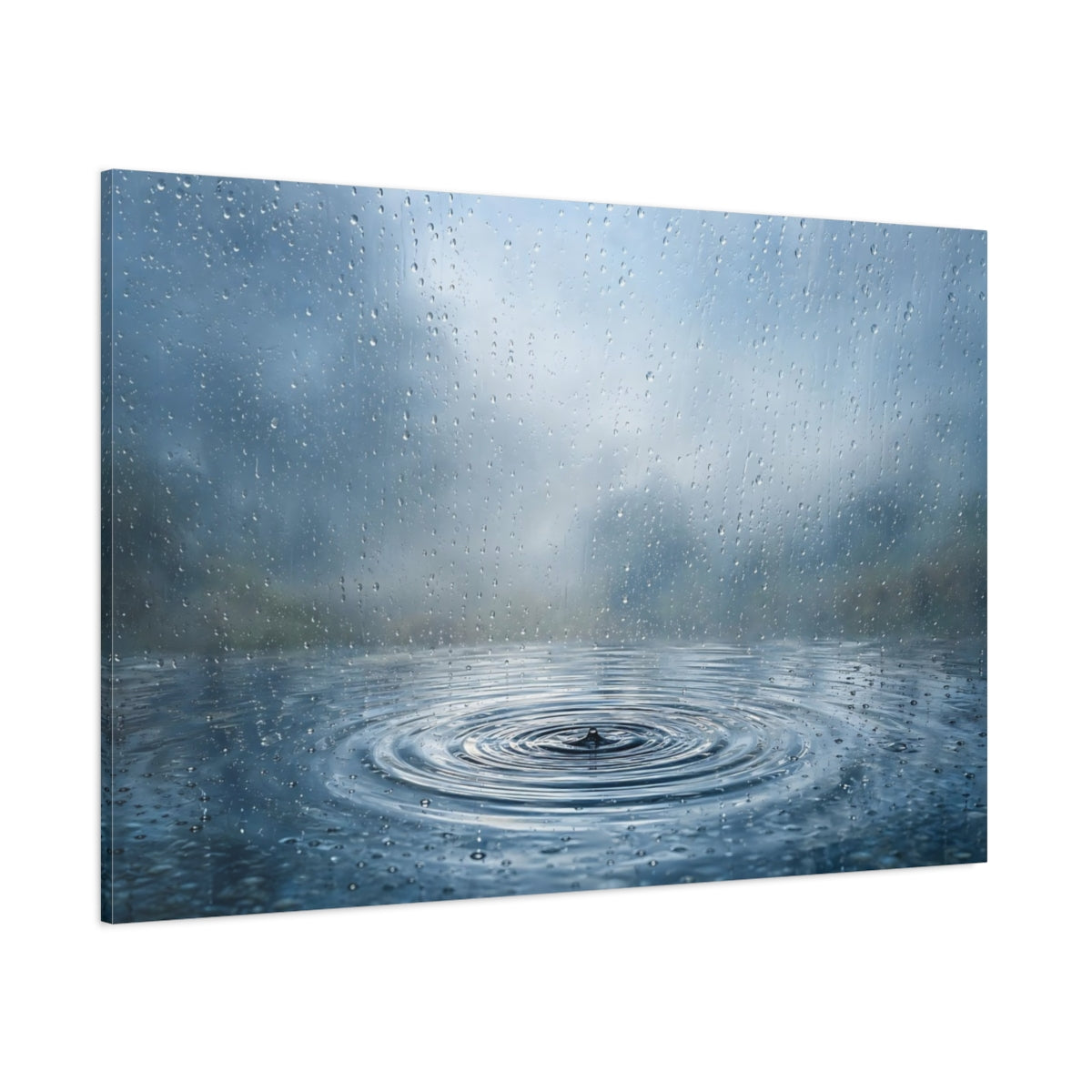 Side Mockup 1. Nature Raindrops Blue Rain shown as stretched canvas wall art