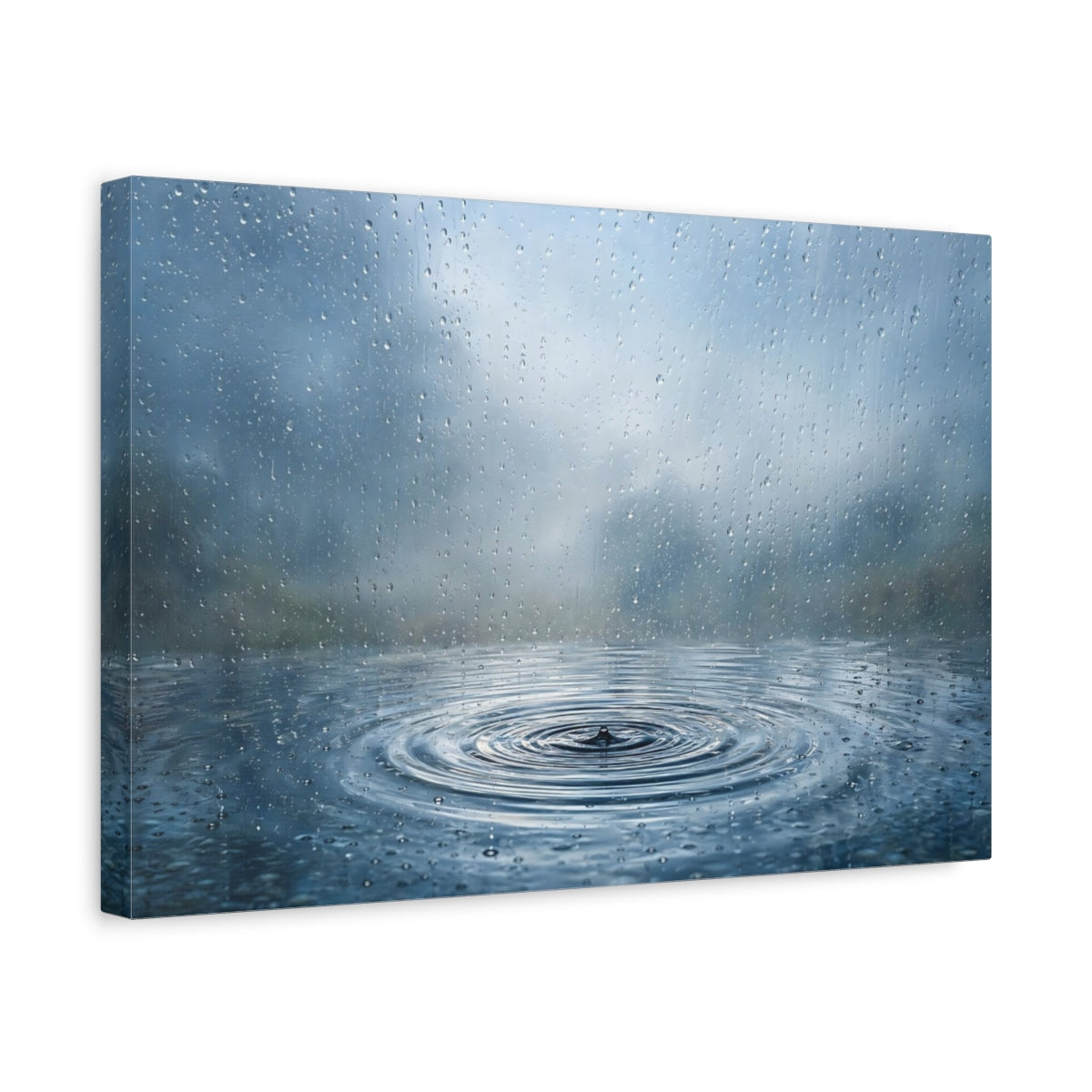 Side Mockup 4. Nature Raindrops Blue Rain shown as stretched canvas wall art