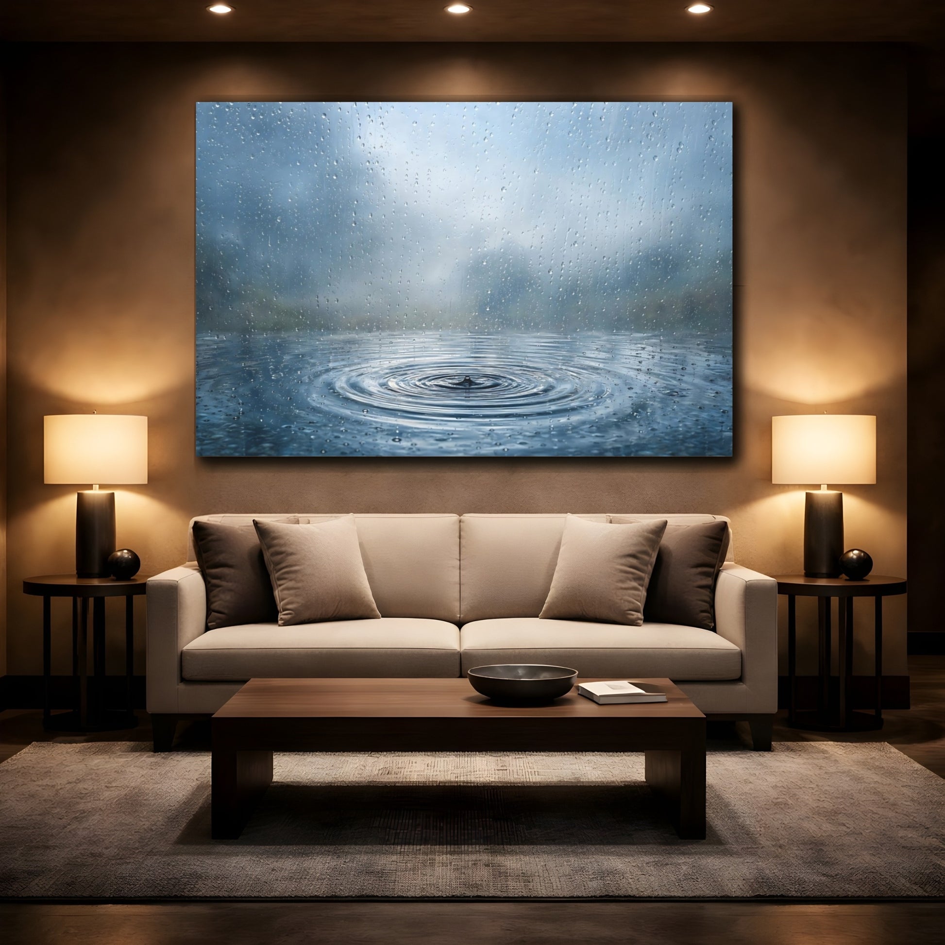 Mockup 2. Nature Raindrops Blue Rain shown as stretched canvas wall art