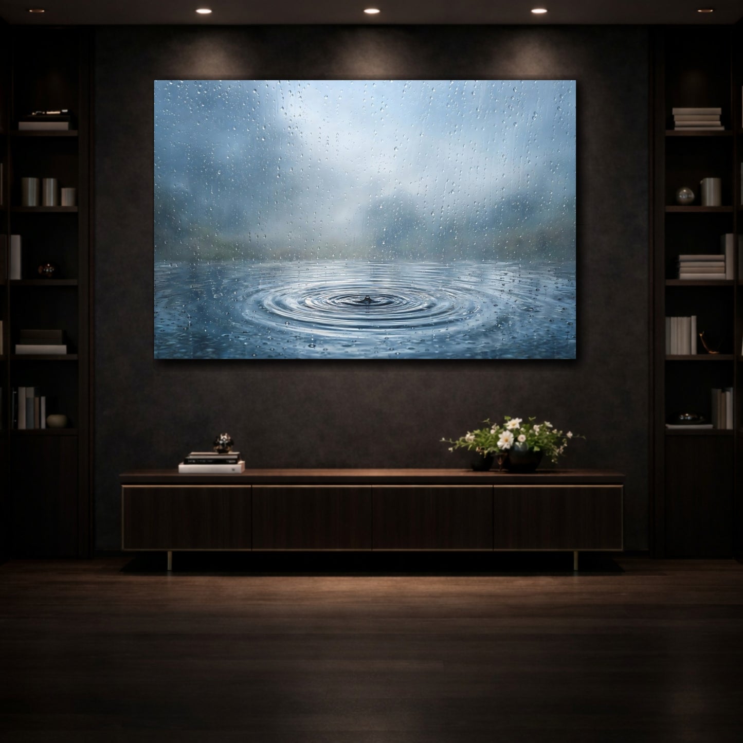 Mockup 3. Nature Raindrops Blue Rain shown as stretched canvas wall art