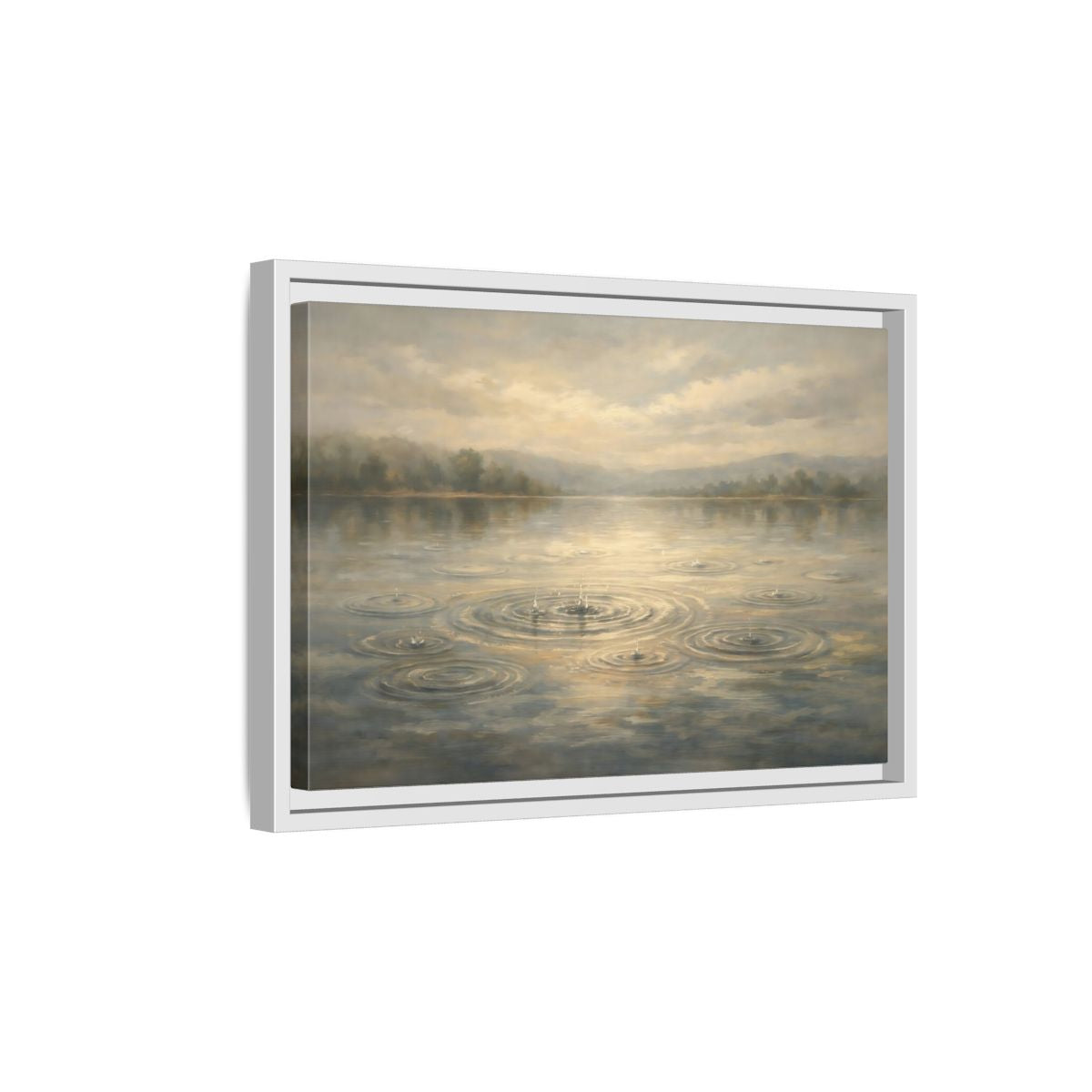 Side Mockup 4. Nature Rainy Lake Muted Landscape shown as stretched canvas wall art