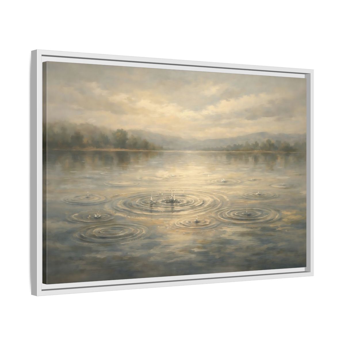 Side Mockup 10. Nature Rainy Lake Muted Landscape shown as stretched canvas wall art