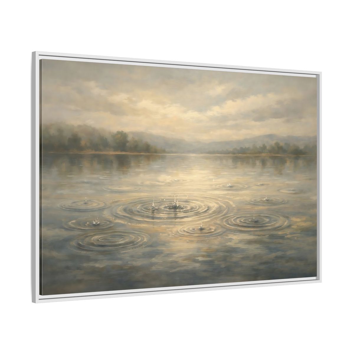 Side Mockup 7. Nature Rainy Lake Muted Landscape shown as stretched canvas wall art