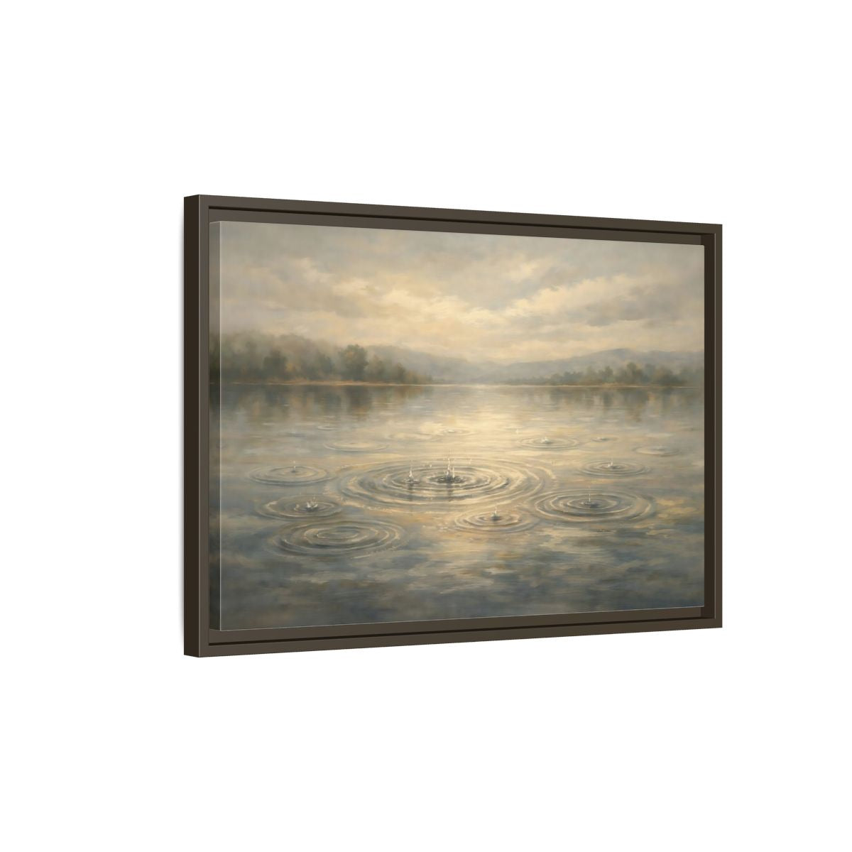 Side Mockup 2. Nature Rainy Lake Muted Landscape shown as stretched canvas wall art