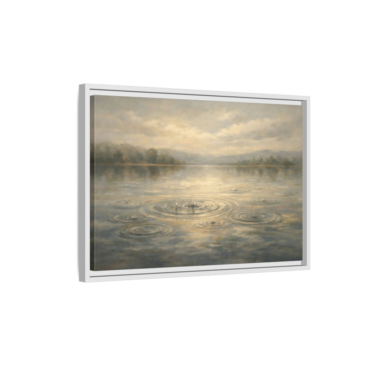 Side Mockup 1. Nature Rainy Lake Muted Landscape shown as stretched canvas wall art