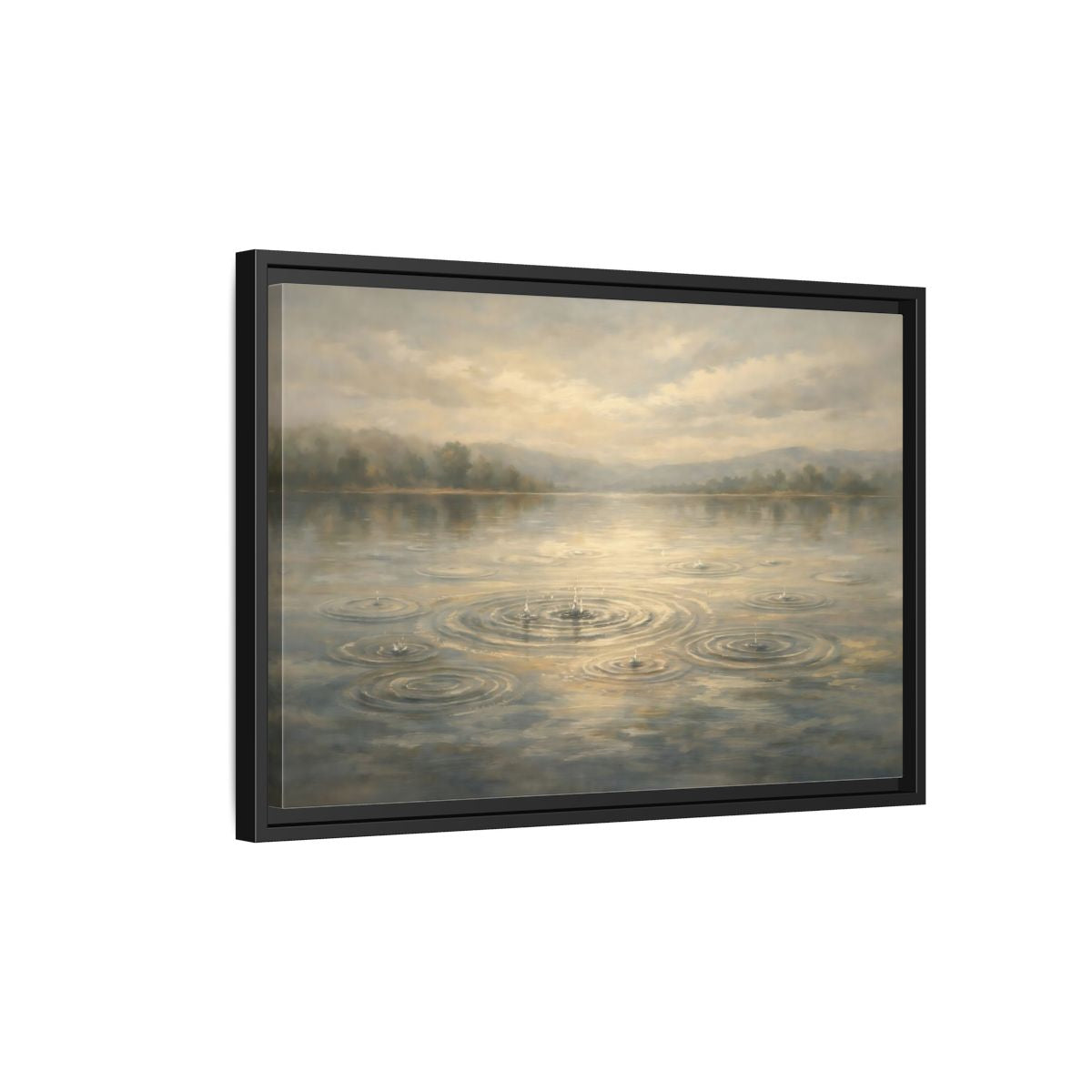 Side Mockup 3. Nature Rainy Lake Muted Landscape shown as stretched canvas wall art