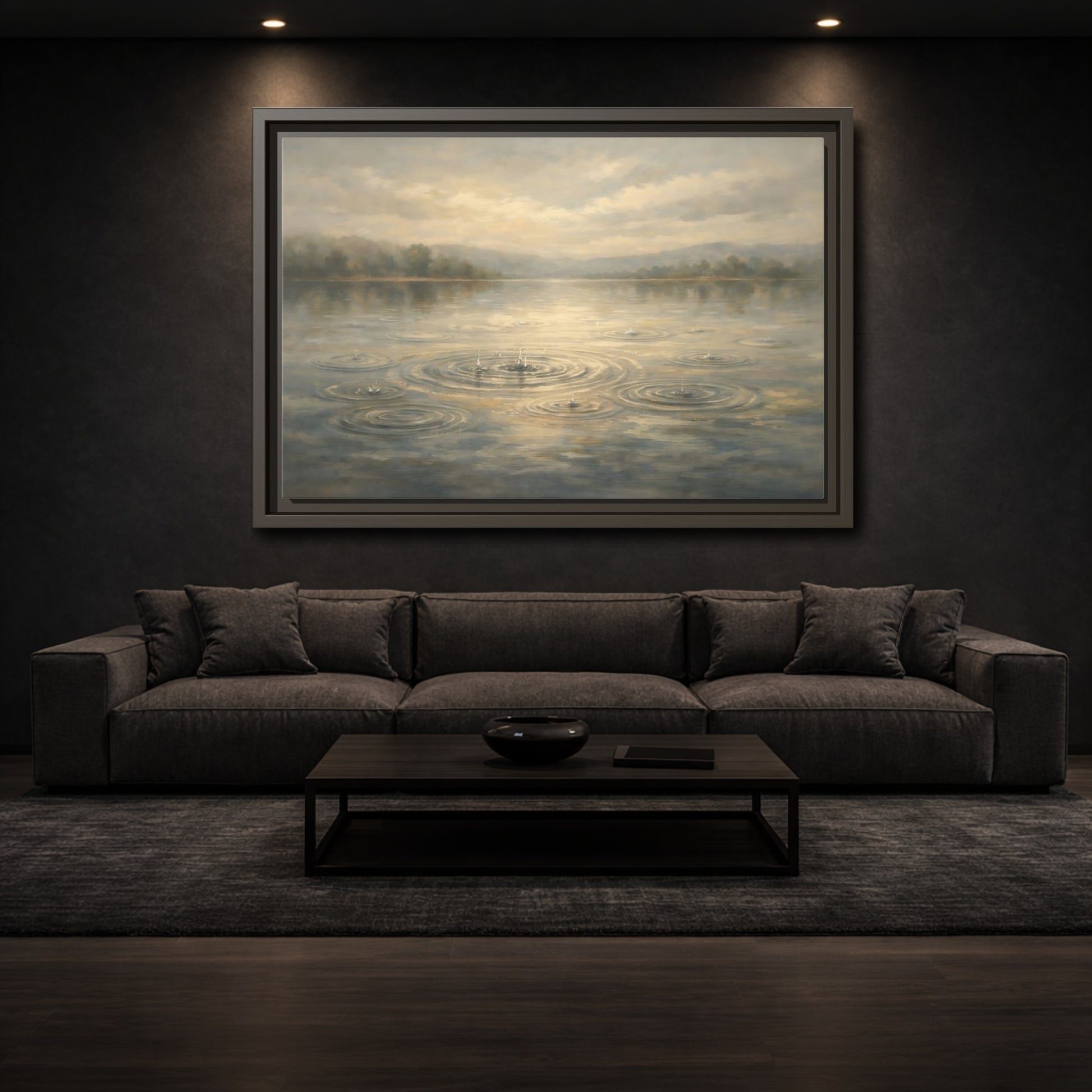 Mockup 2. Nature Rainy Lake Muted Landscape shown as stretched canvas wall art