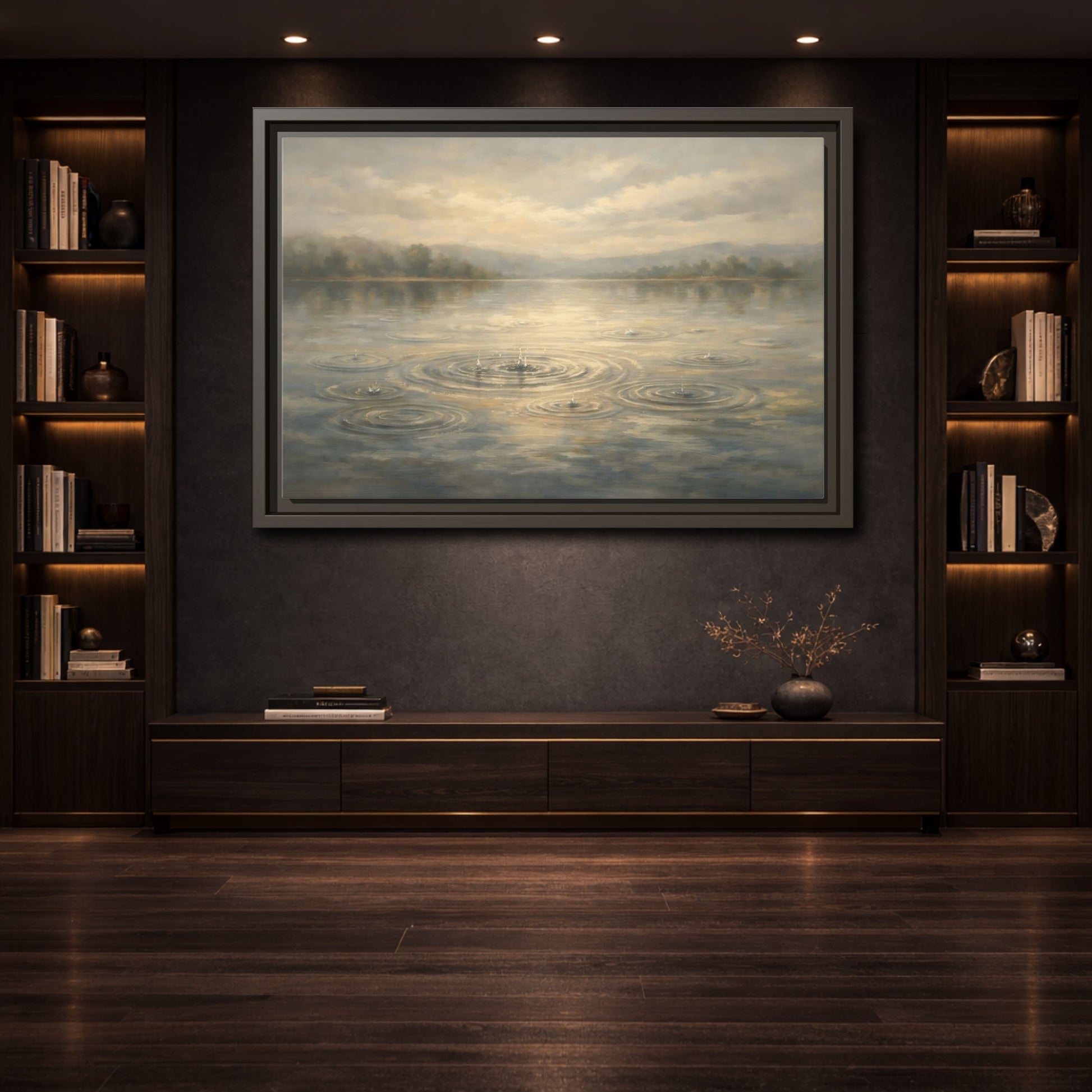 Mockup 3. Nature Rainy Lake Muted Landscape shown as stretched canvas wall art